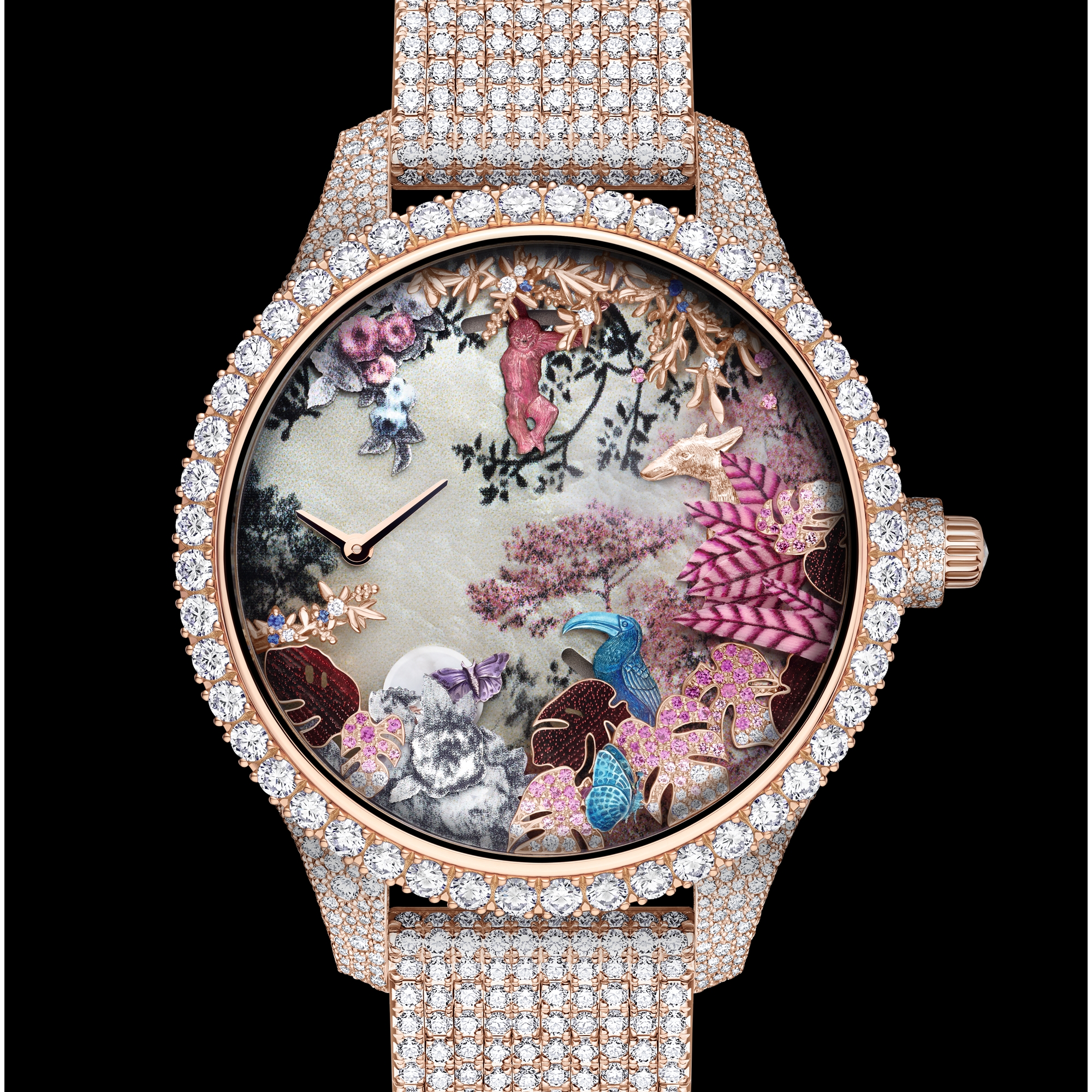 Dior Grand Soir Automate Jardin Rêvé N°6 腕表 直径 38 毫米，玫瑰色 K 金，钻石，粉色蓝宝石，蓝色蓝宝石，珍珠母贝，羽毛和圣甲虫 E02