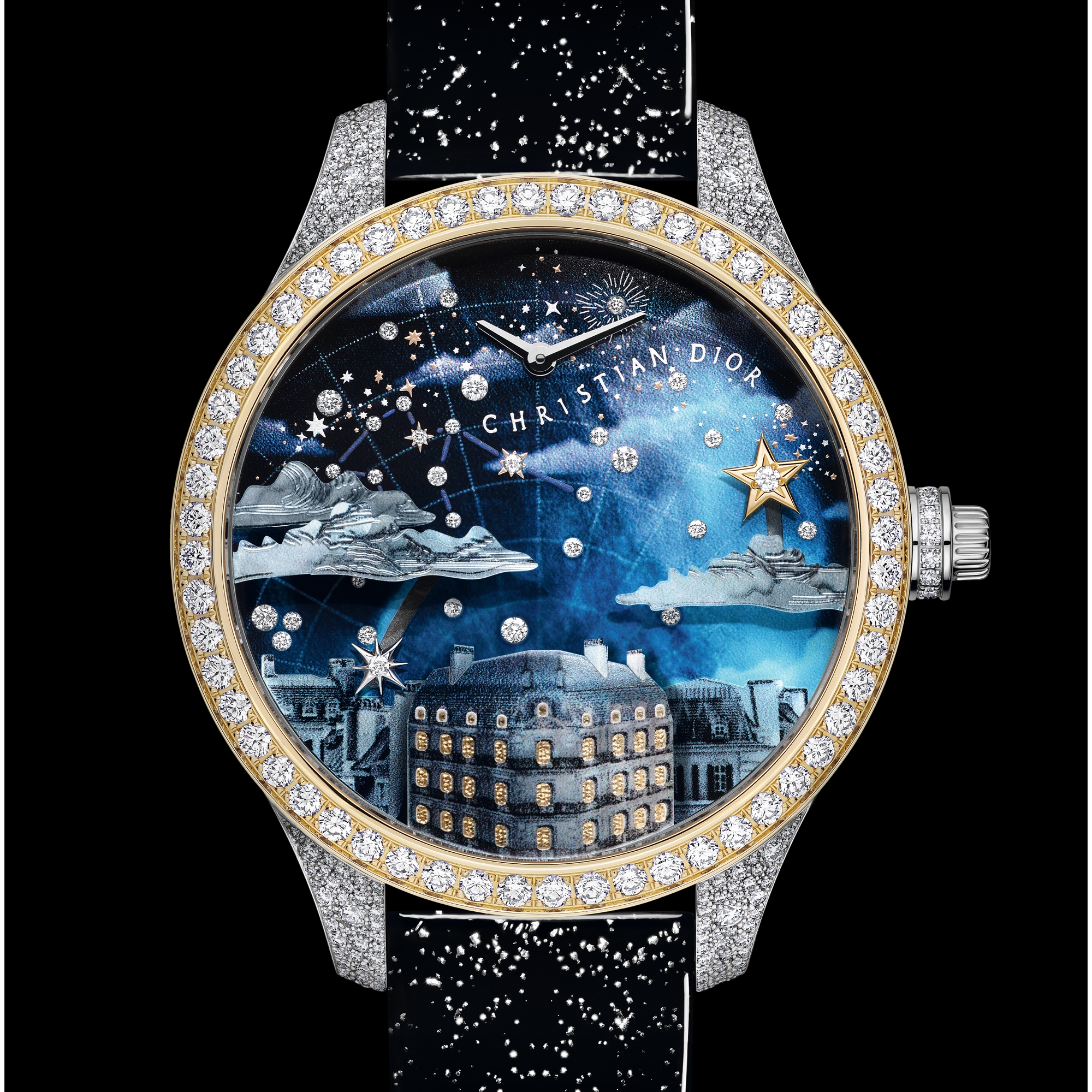 Dior Grand Soir Automate Étoile de Monsieur Dior 腕表 直径 38 毫米，黄色 K 金、白色 K 金、钻石和珍珠母贝 E05