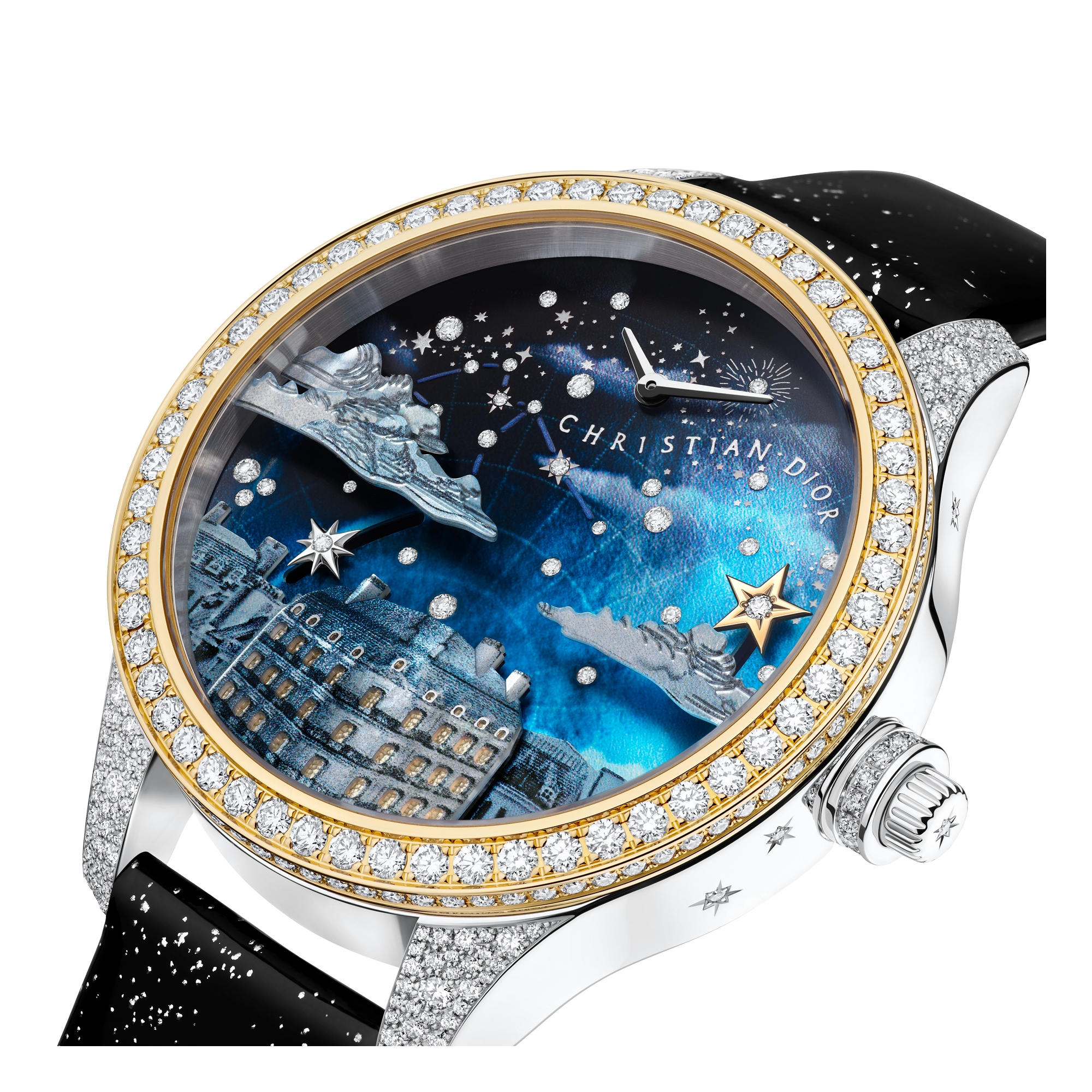 Dior Grand Soir Automate Étoile de Monsieur Dior 腕表 直径 38 毫米，黄色 K 金、白色 K 金、钻石和珍珠母贝 E11