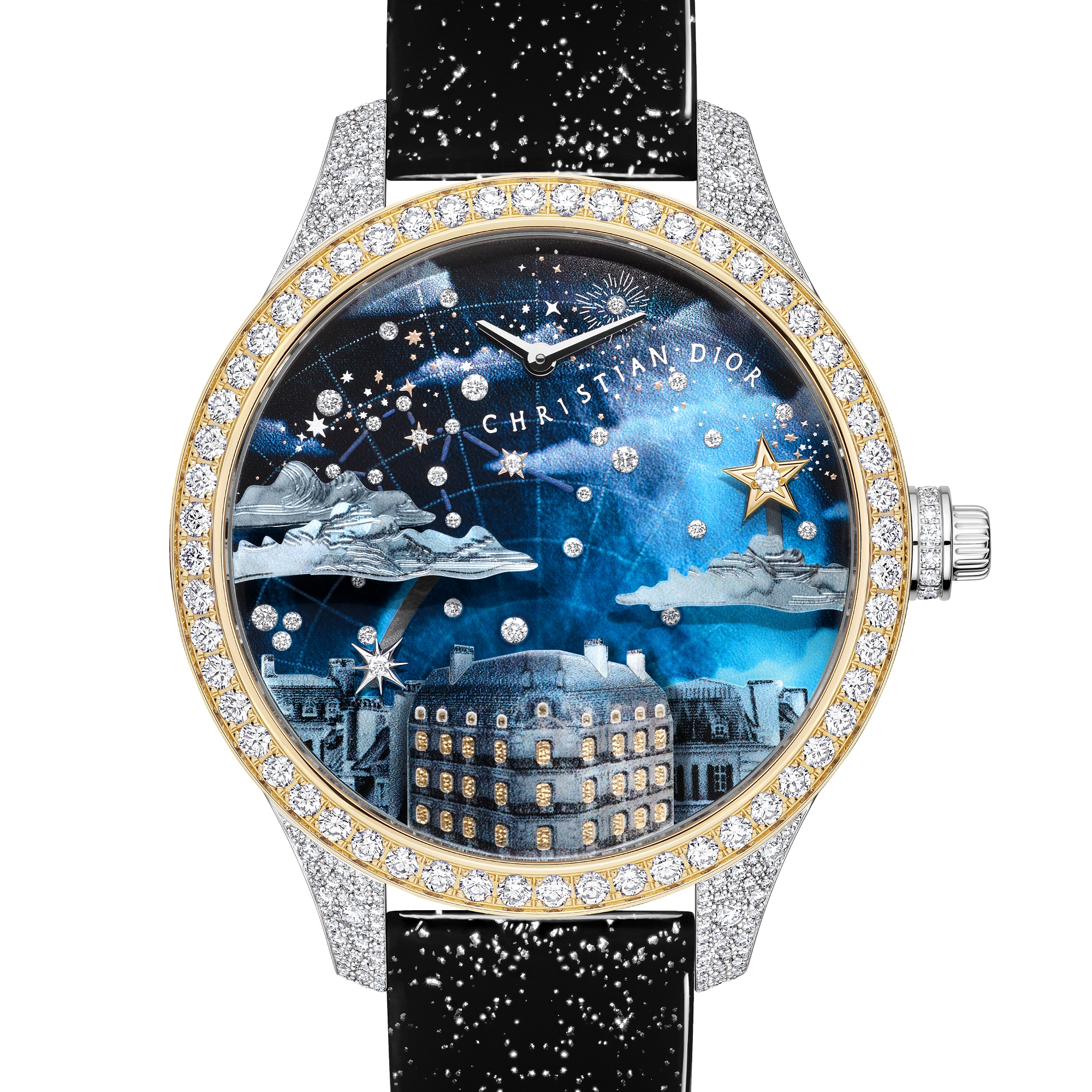 Dior Grand Soir Automate Étoile de Monsieur Dior 腕表 直径 38 毫米，黄色 K 金、白色 K 金、钻石和珍珠母贝 E12