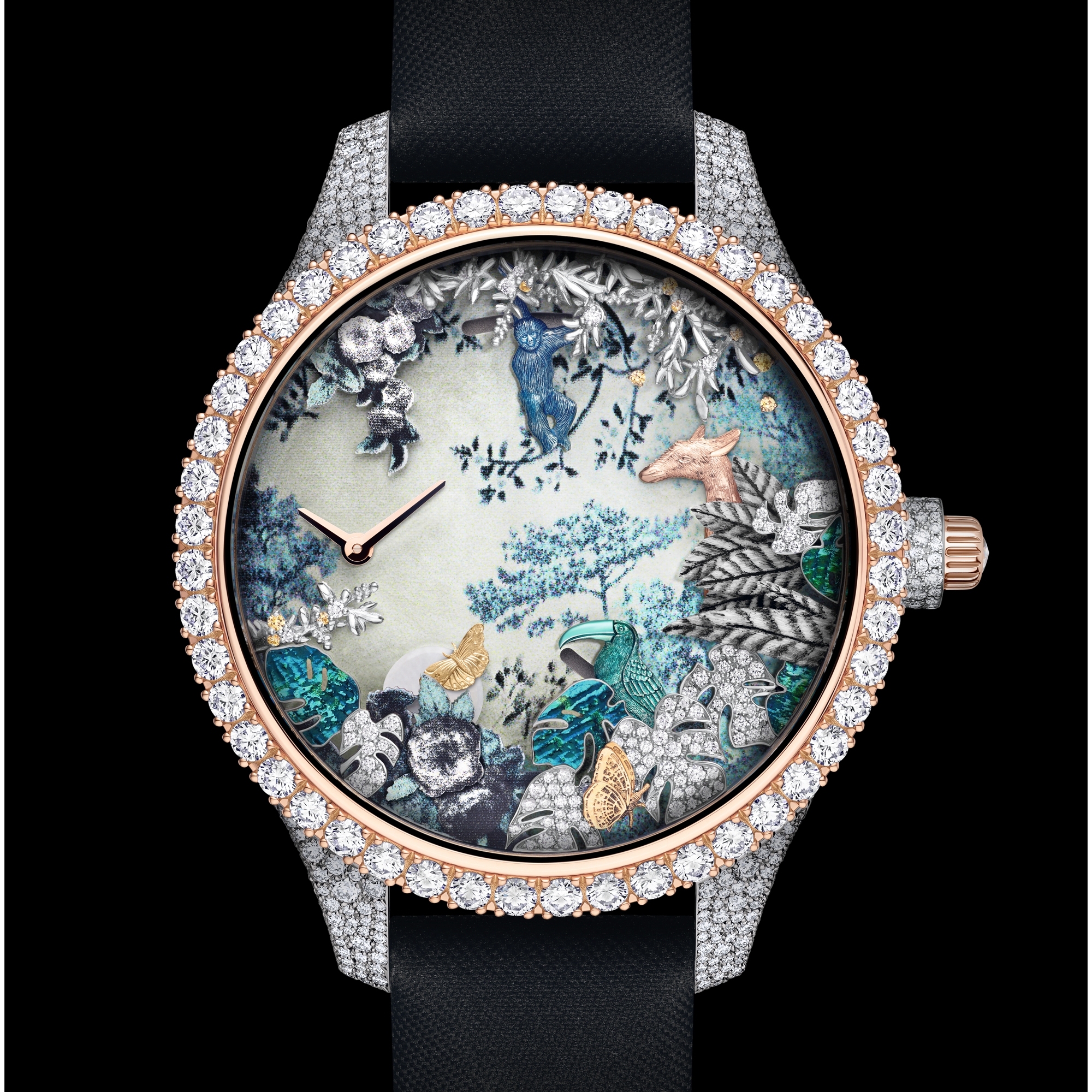 Dior Grand Soir Automate Jardin Rêvé N°2 腕表 直径 38 毫米，白色 K 金，玫瑰色 K 金，黄色 K 金，钻石，黄色蓝宝石，珍珠母贝，羽毛和圣甲虫 E02