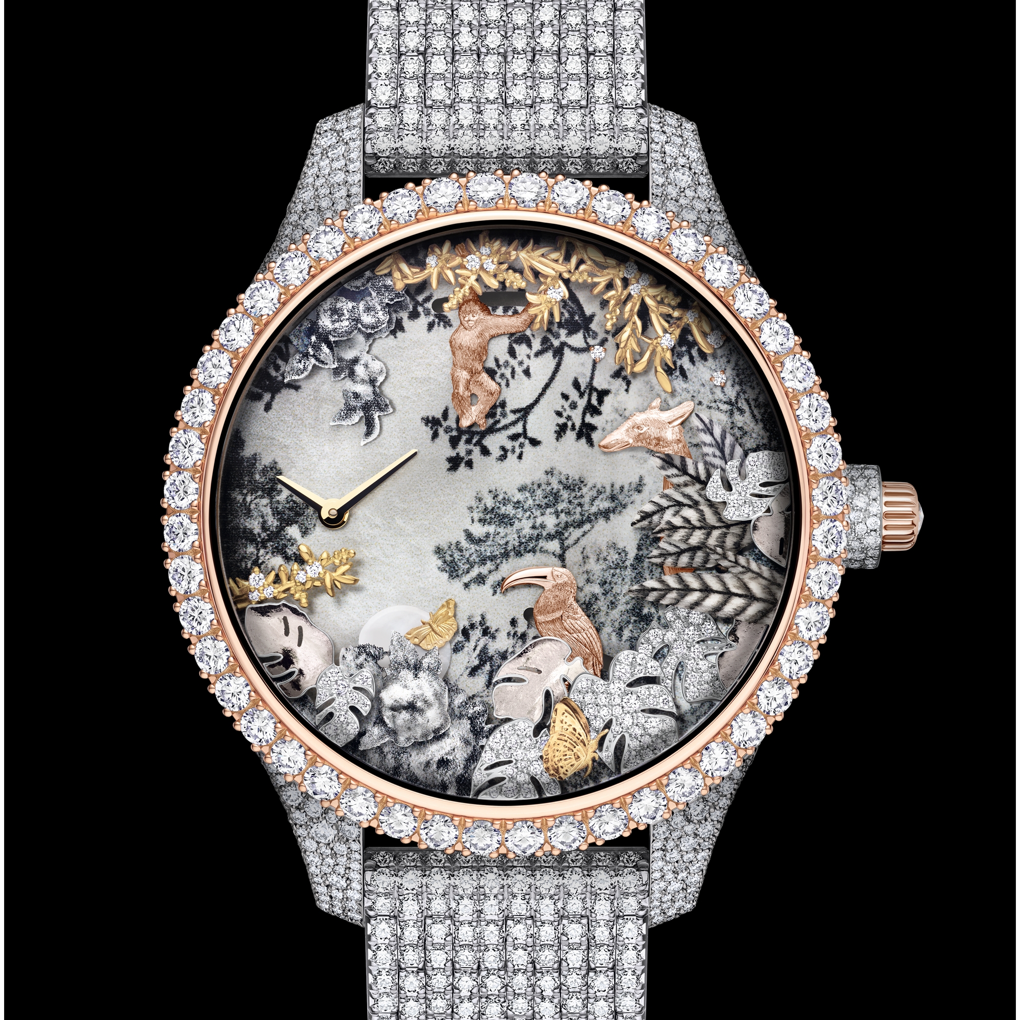 Dior Grand Soir Automate Jardin Rêvé N°5 腕表 直径 38 毫米，白色 K 金，玫瑰色 K 金，黄色 K 金，钻石，珍珠母贝，羽毛和圣甲虫 E02