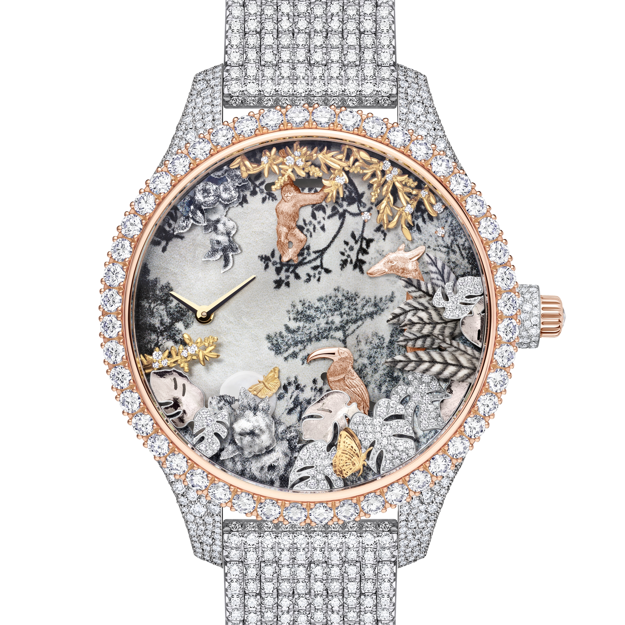 Dior Grand Soir Automate Jardin Rêvé N°5 腕表 直径 38 毫米，白色 K 金，玫瑰色 K 金，黄色 K 金，钻石，珍珠母贝，羽毛和圣甲虫 E06