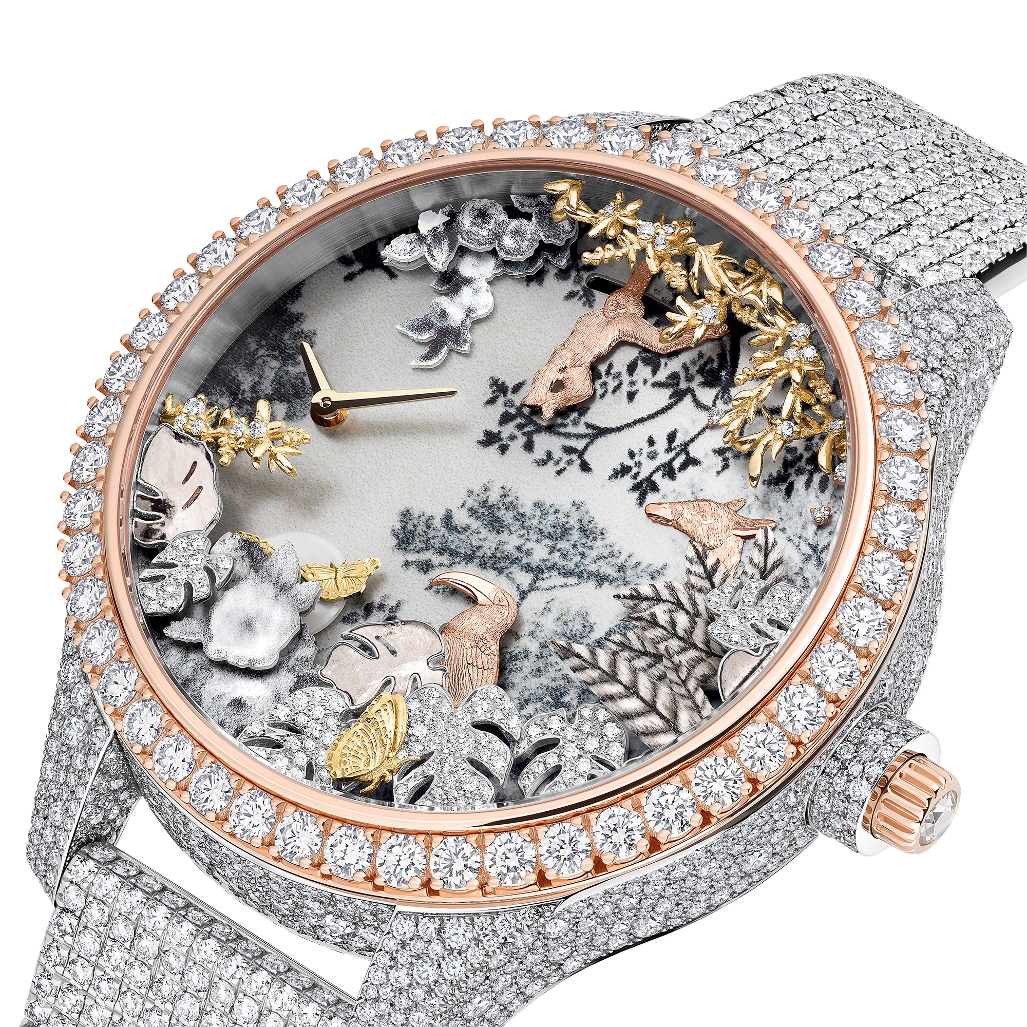 Dior Grand Soir Automate Jardin Rêvé N°5 腕表 直径 38 毫米，白色 K 金，玫瑰色 K 金，黄色 K 金，钻石，珍珠母贝，羽毛和圣甲虫 E13