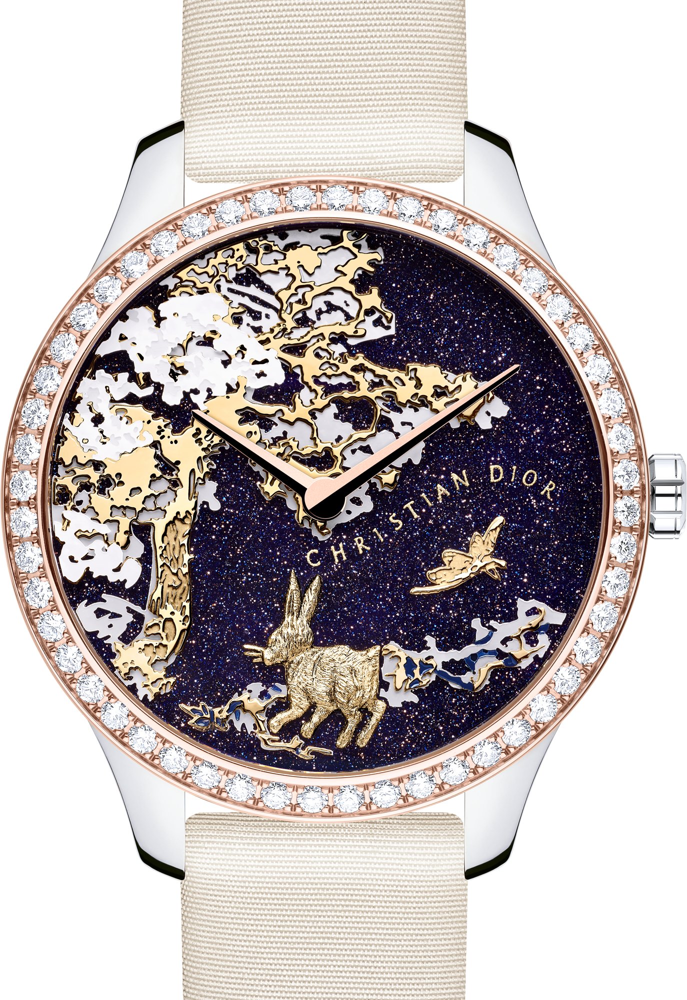 Dior Grand Soir Year of the Rabbit 兔年高级腕表直径36 毫米，自动上链机芯，钢、玫瑰色18K 金、黄色18K  金、砂金石、珍珠母贝和钻石|