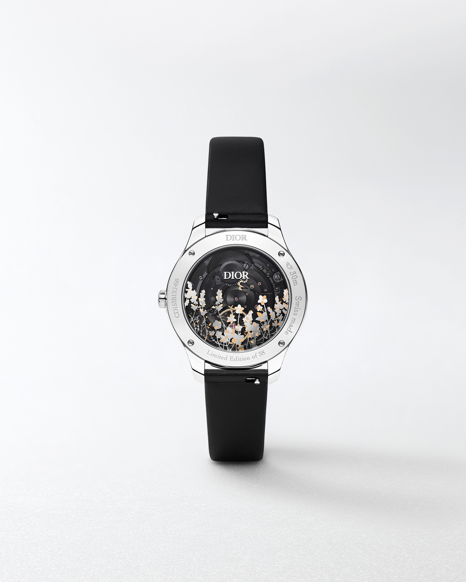 Dior Grand Bal Broderie Florale 腕表 直径 36 毫米，自动上链机芯，钢、白色 18K 金、黑色珍珠母贝和钻石 E07