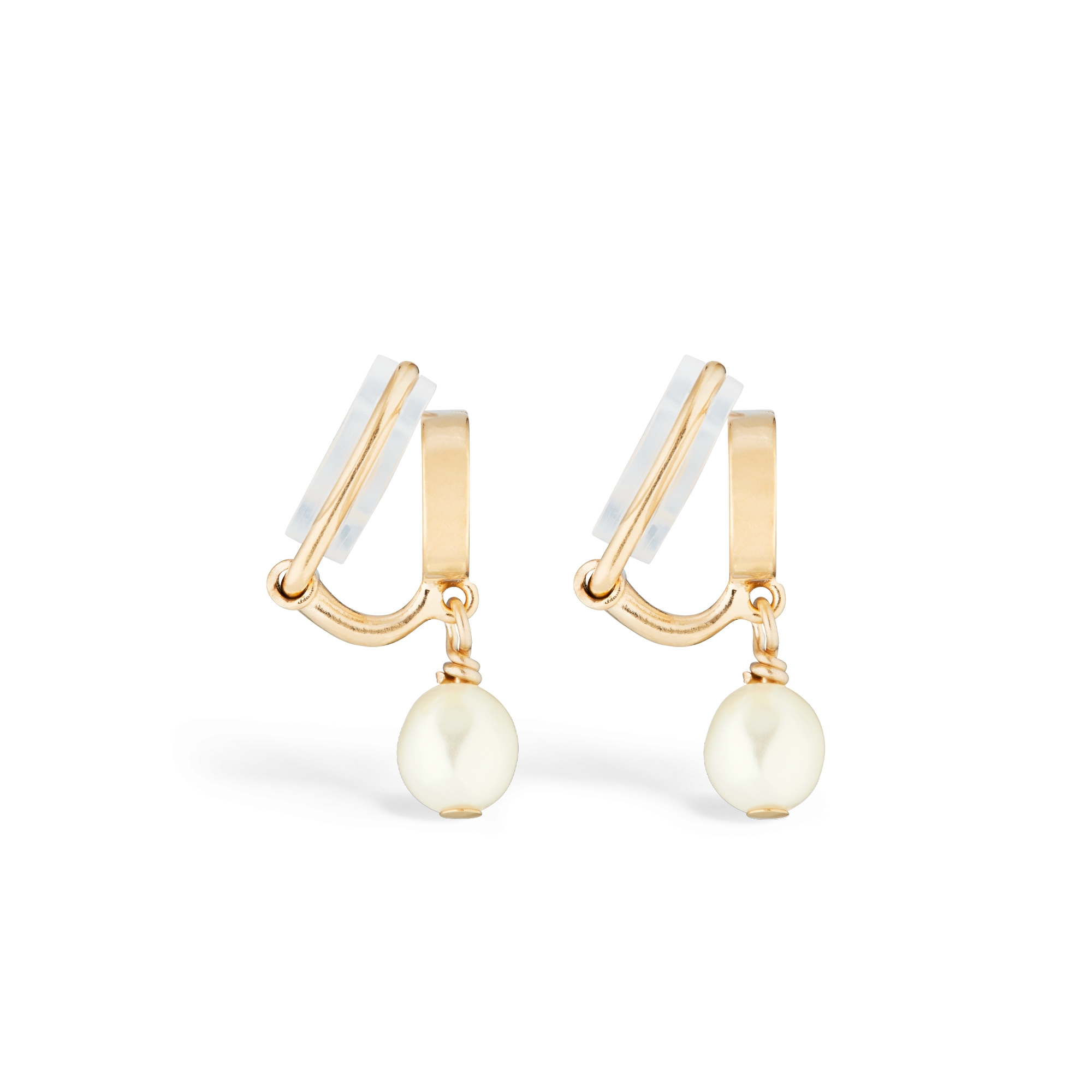 Petit CD 夹式耳环 金色饰面金属和白色树脂珠饰 E02