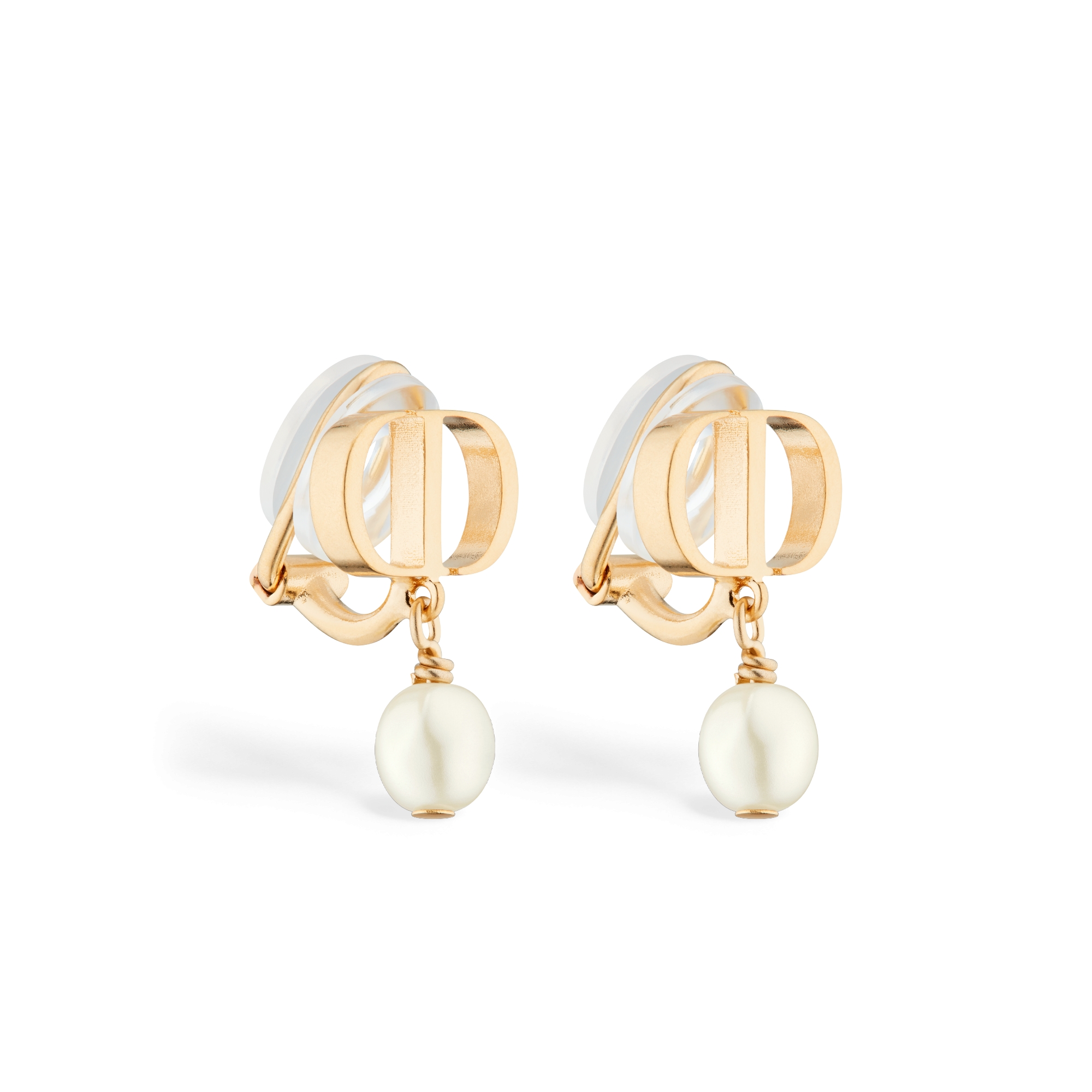 Petit CD 夹式耳环 金色饰面金属和白色树脂珠饰 E03