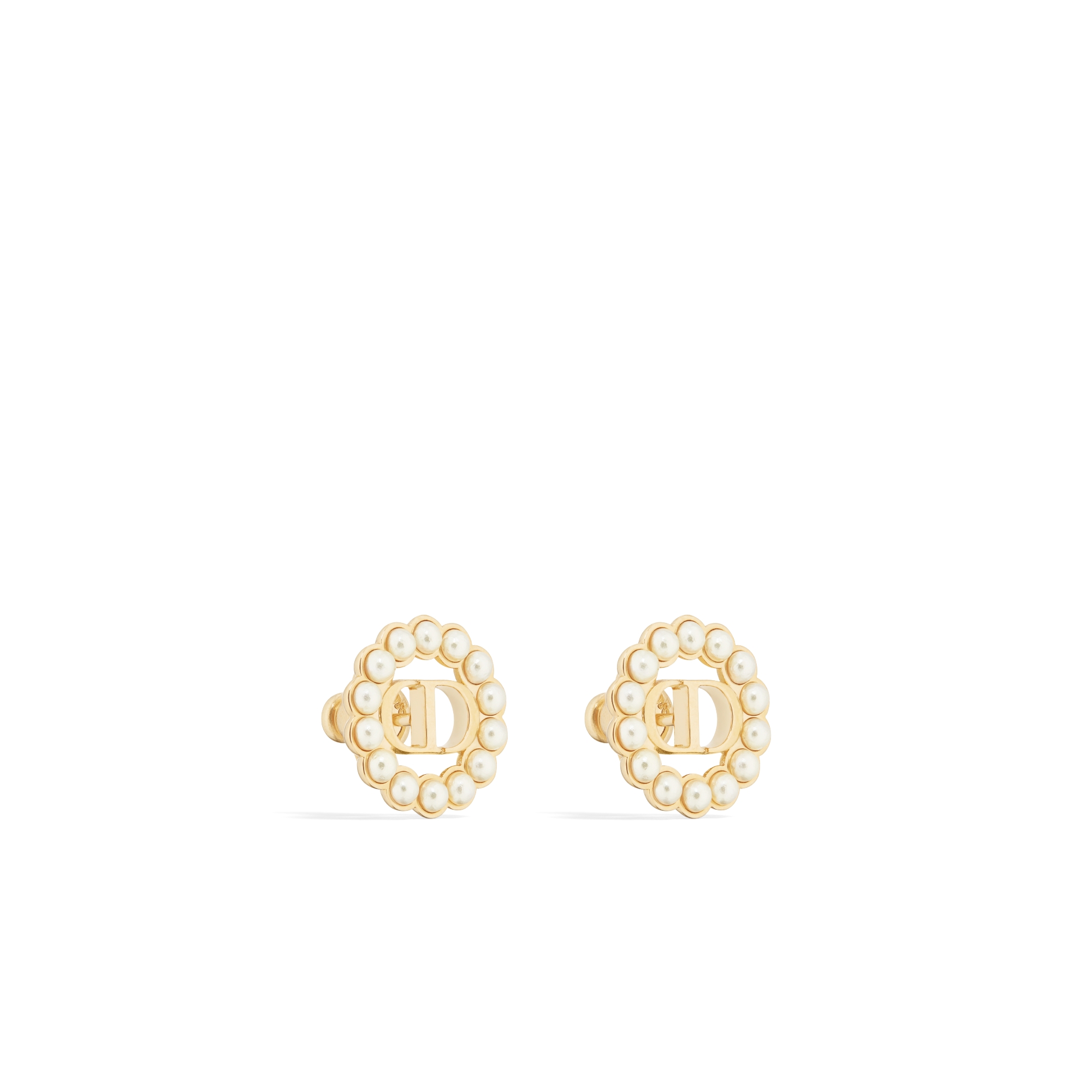 Petit CD Circle 耳钉 金色饰面金属和白色树脂珠饰 E03
