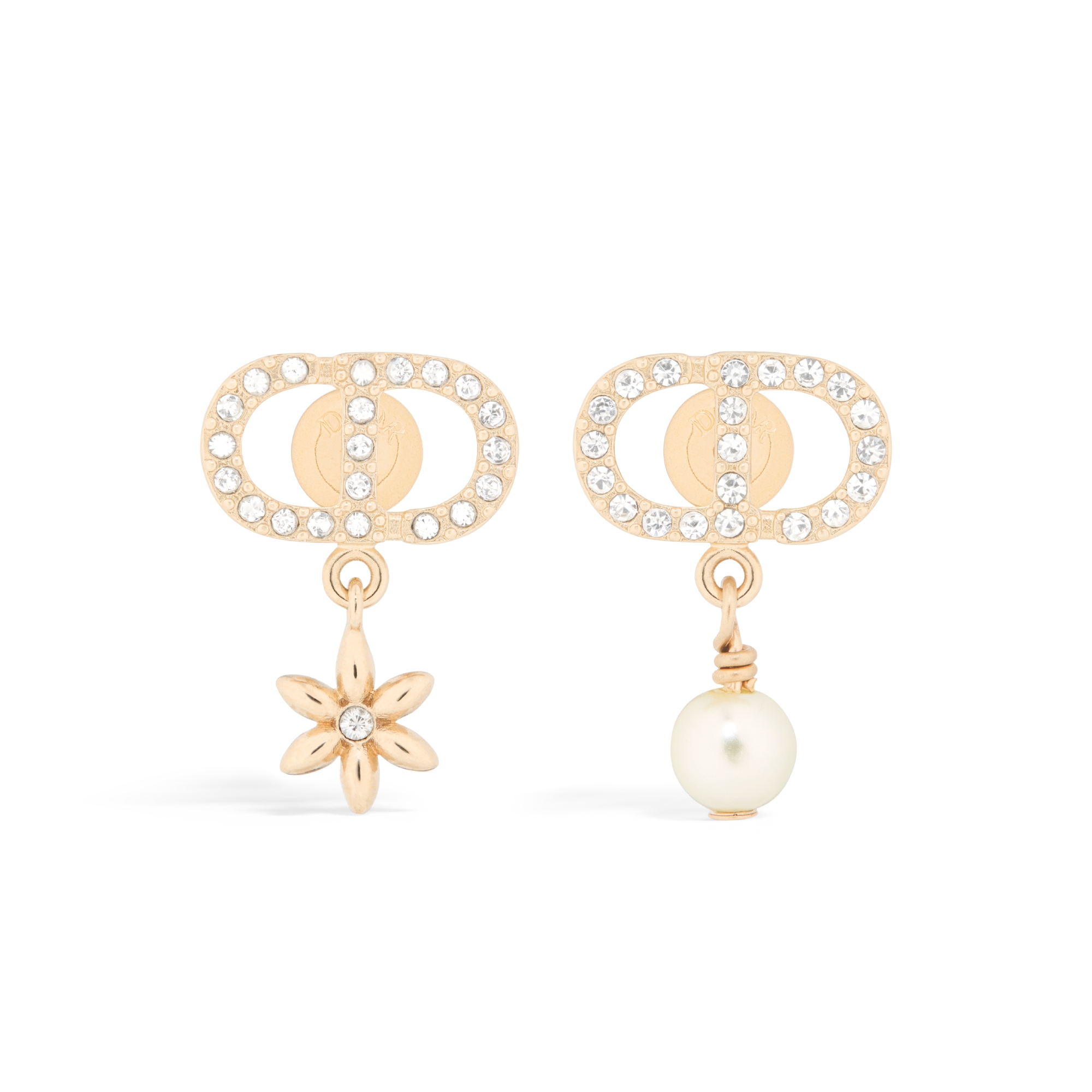 Petit CD Daisy 耳环 浅金色饰面金属、白色树脂珠饰和银色调晶体装饰 E01