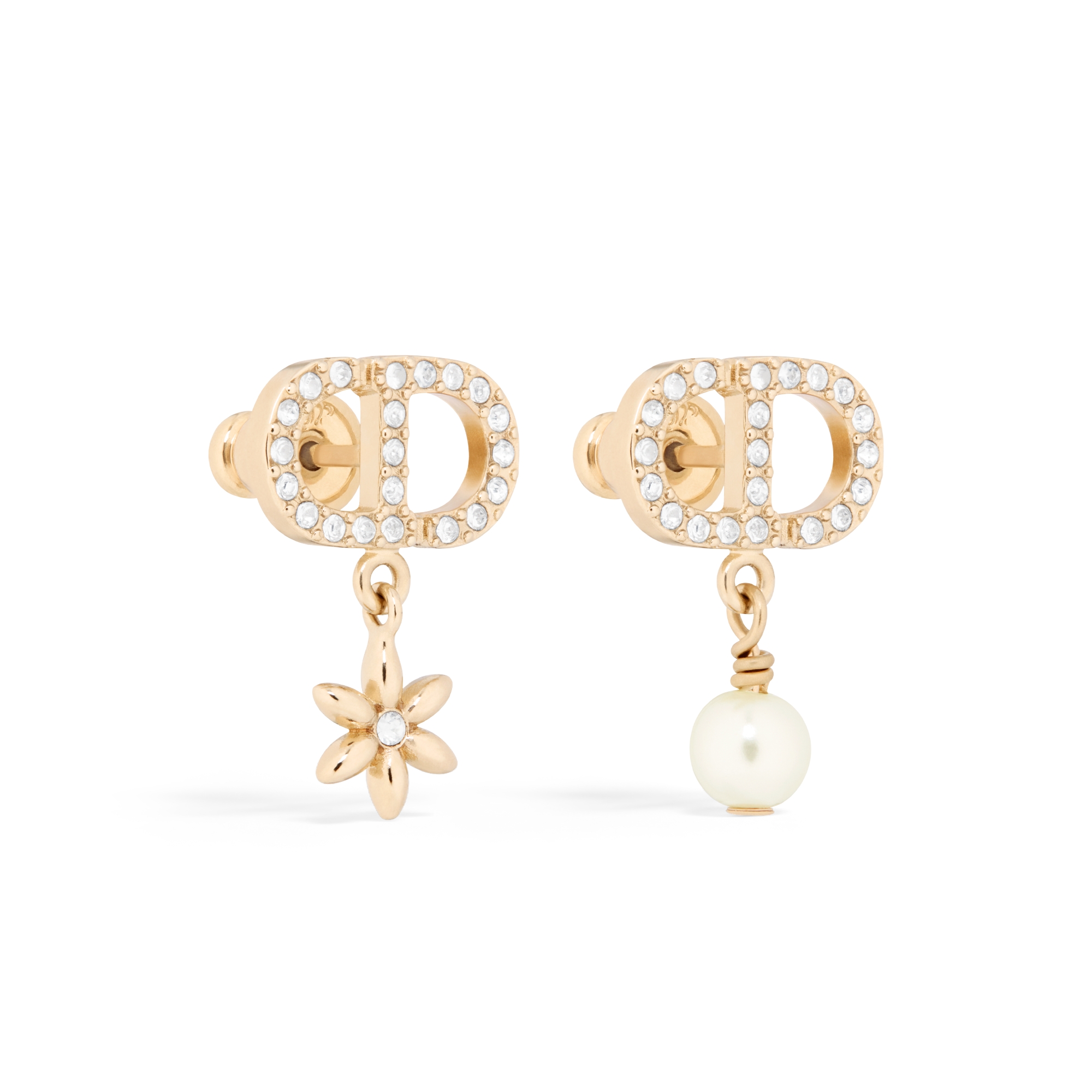 Petit CD Daisy 耳环 浅金色饰面金属、白色树脂珠饰和银色调晶体装饰 E03