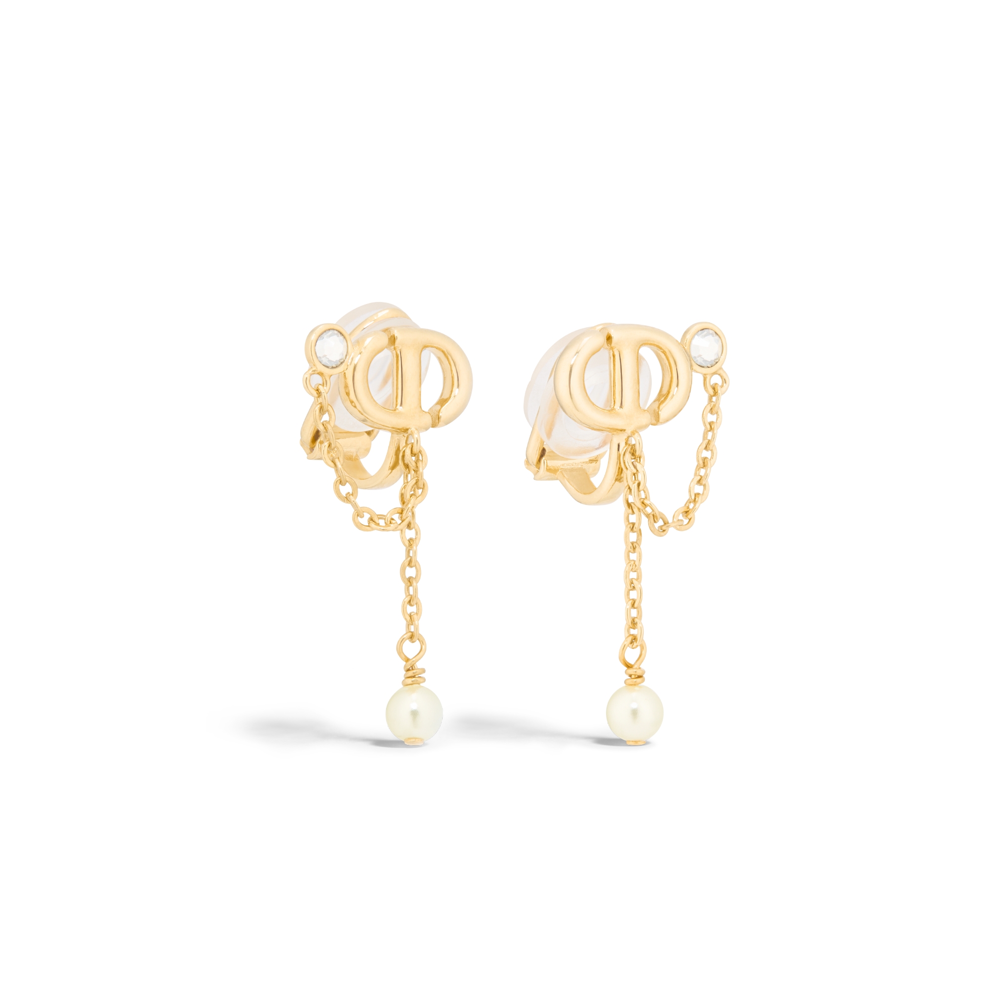 CD Navy 夹式耳环 金色饰面金属、白色树脂珠饰和银色调晶体装饰 E03