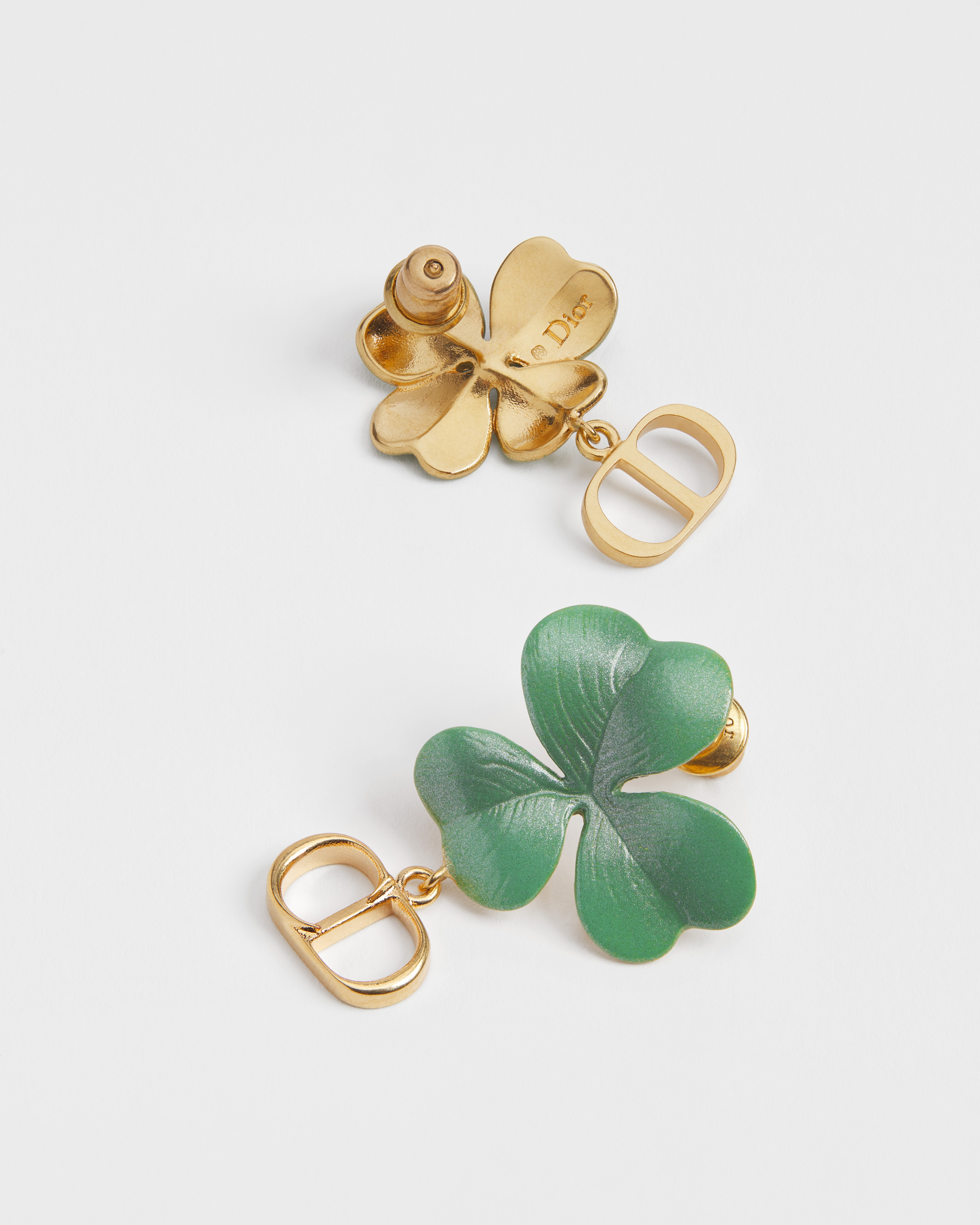 Dior Clover 耳环 金色饰面金属和绿色涂漆装饰 E06