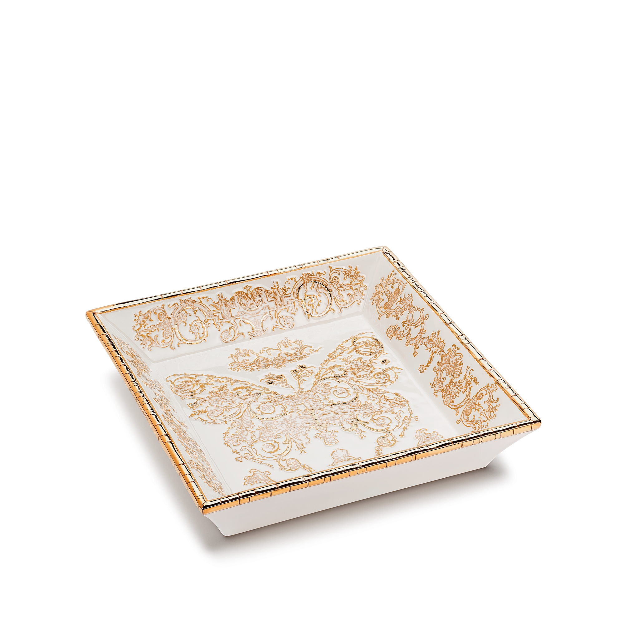 装饰托盘 Dior 与 Manufacture des Émaux de Longwy 联名，白色陶瓷和瓷釉金色调 Dioresque Butterfly 图案 E03