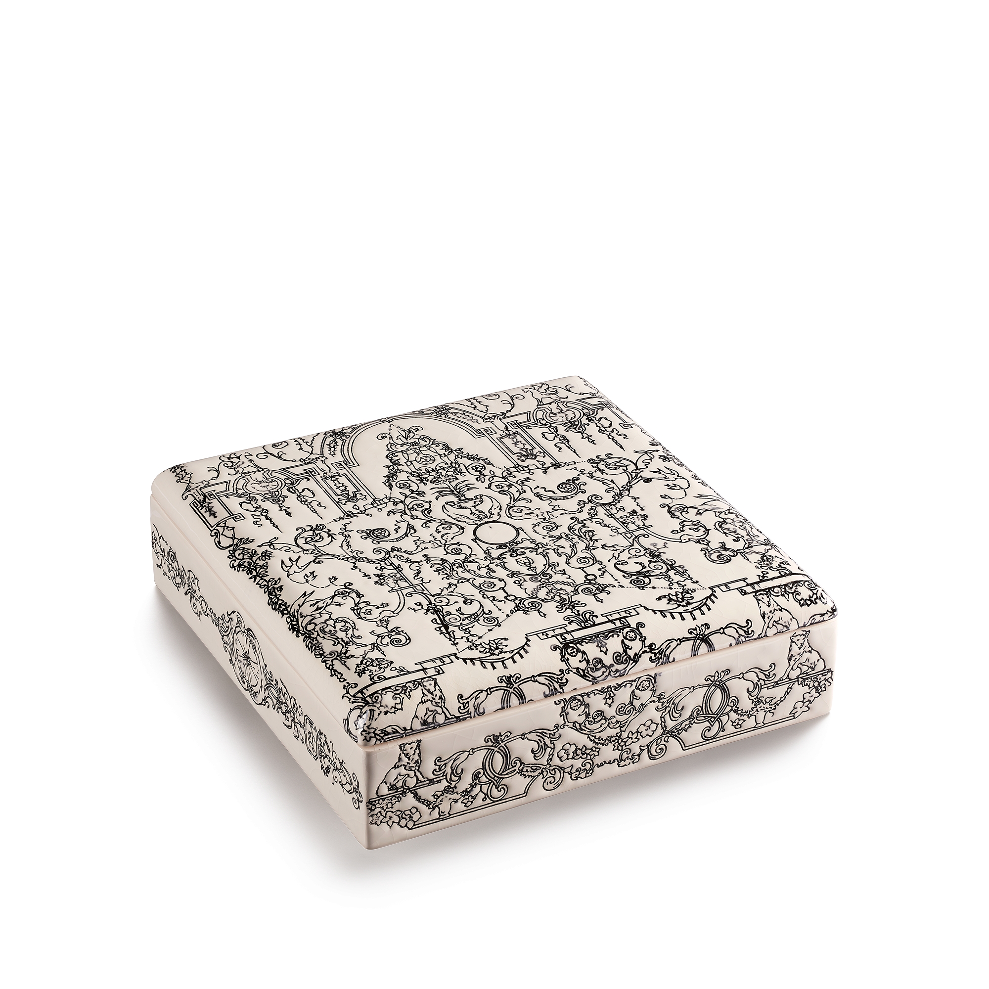 装饰盒 Dior 与 Manufacture des Émaux de Longwy 联名，米白色陶瓷和黑色瓷釉 Dioresque Stella 图案 E03