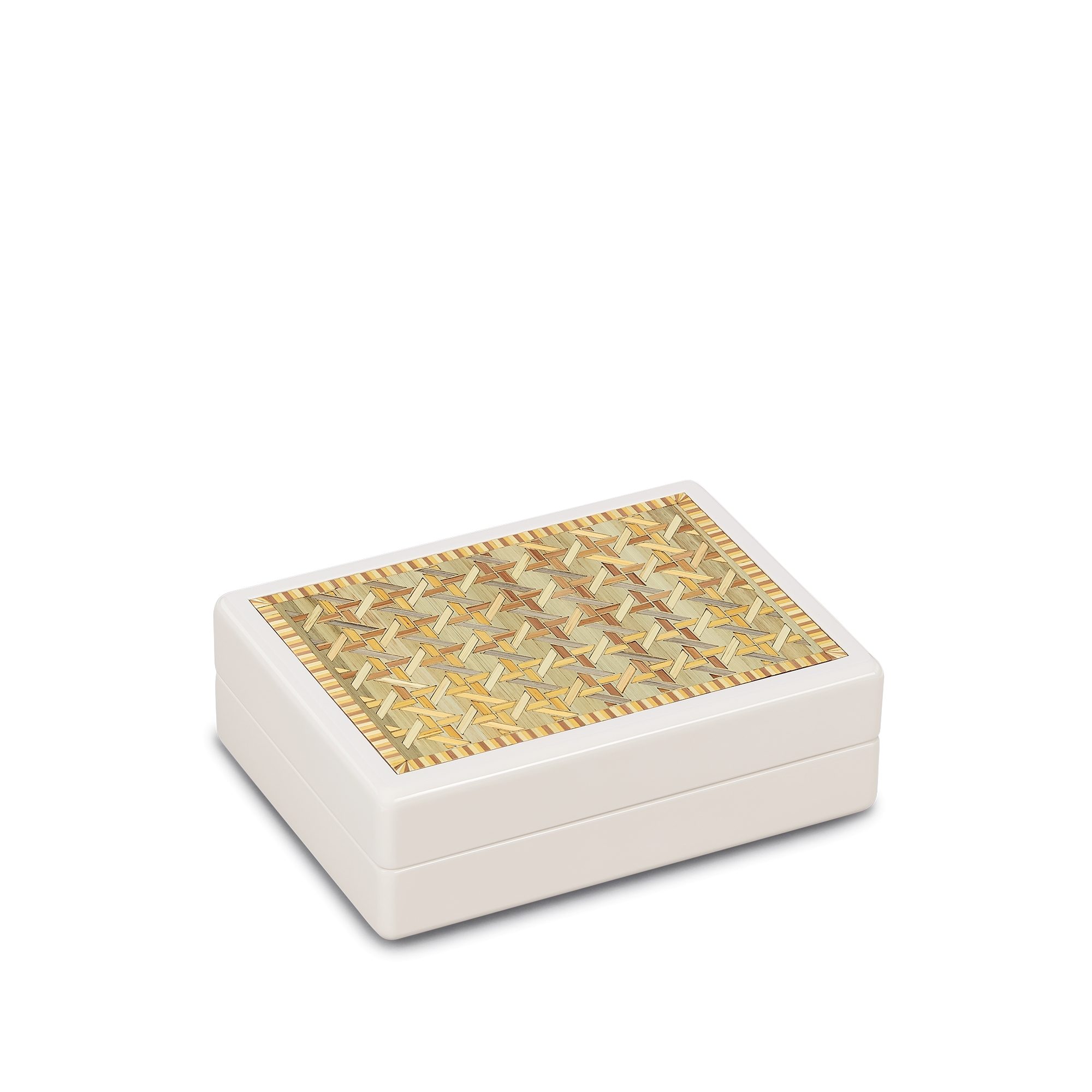 珠宝盒 白色涂漆木质和麦秸细工镶嵌藤格纹格子图案 E03