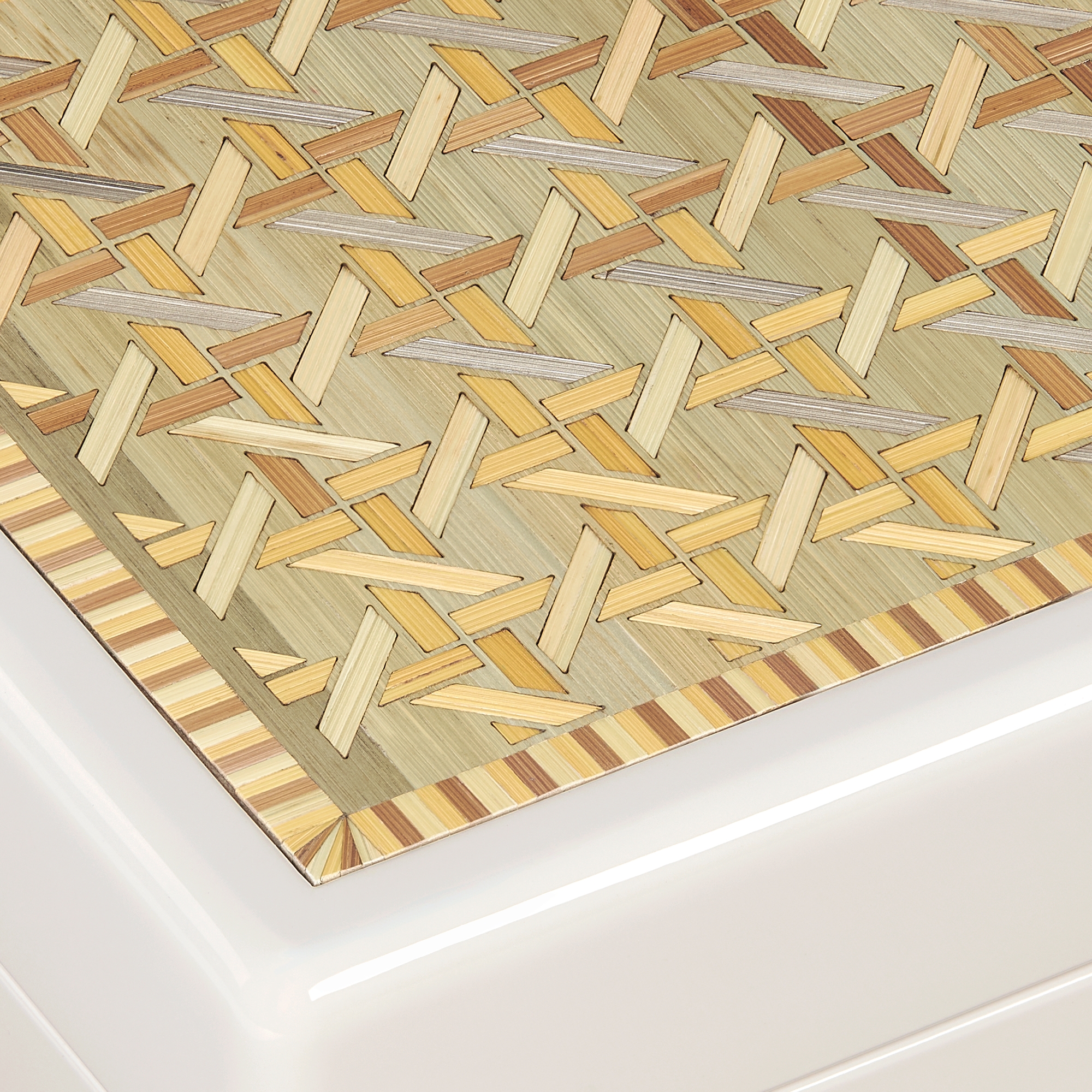 珠宝盒 白色涂漆木质和麦秸细工镶嵌藤格纹格子图案 E09