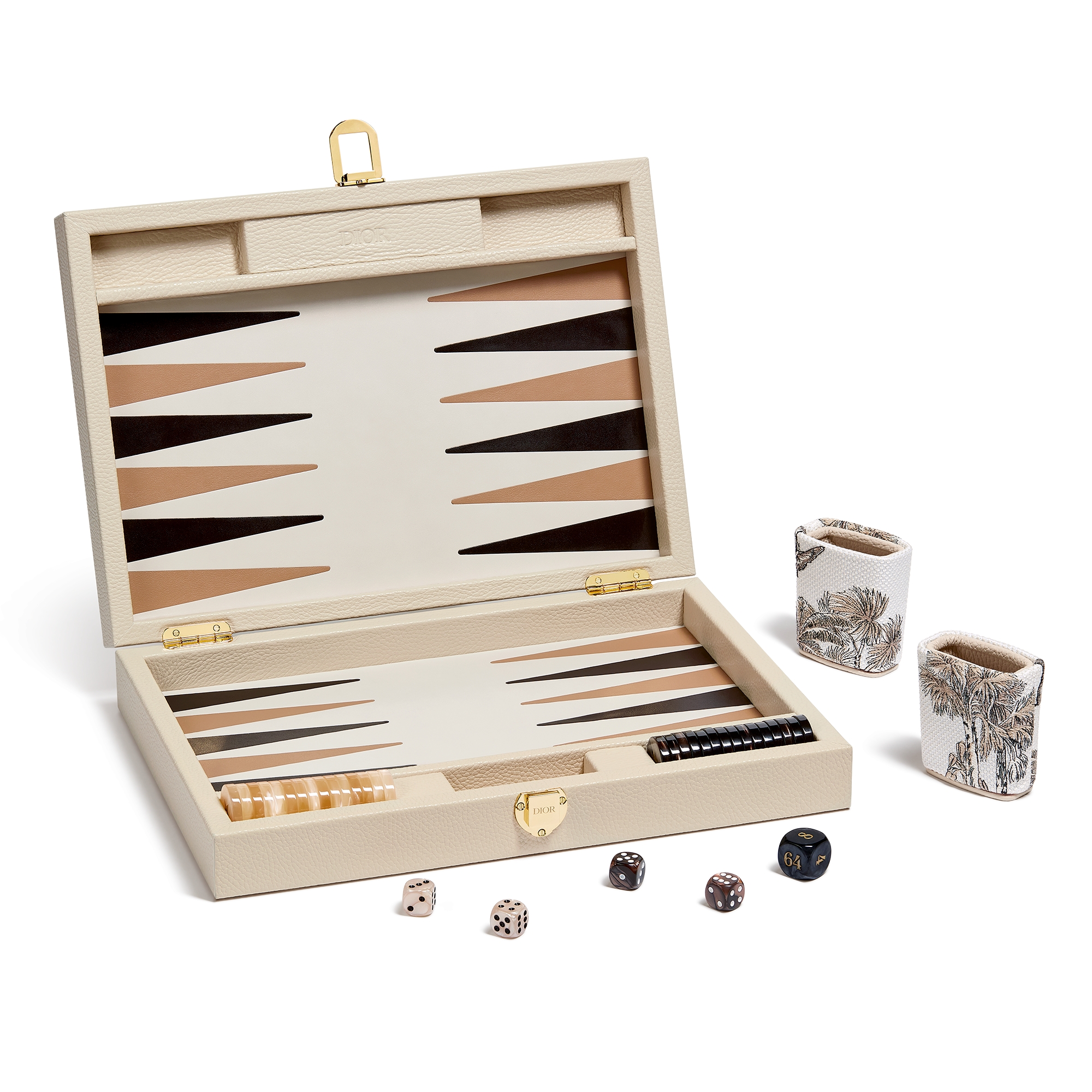 双陆棋 牛皮革和刺绣帆布，饰以米色和白色 Palms 茹伊印花图案 E03