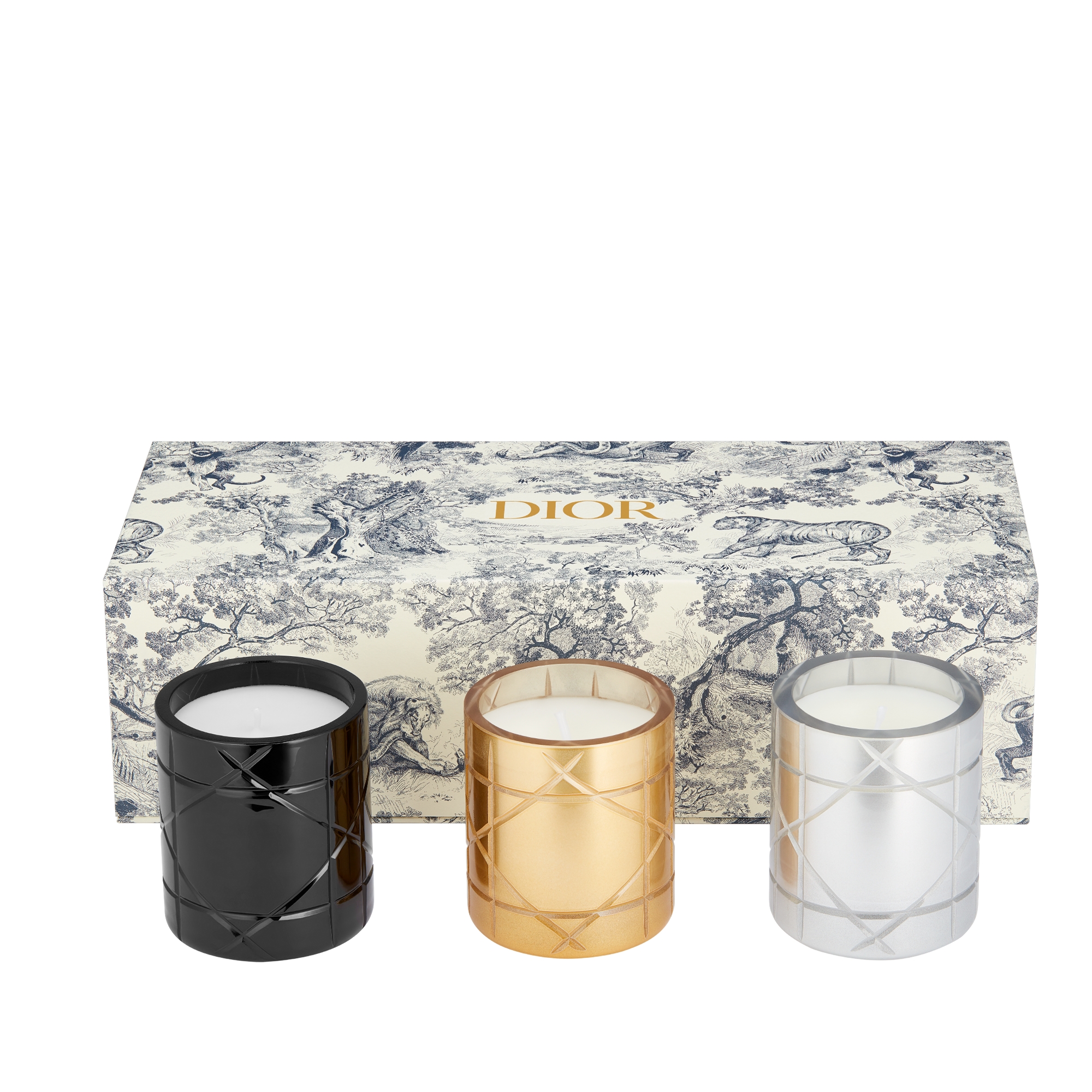 迷你香氛蜡烛三件套装：Résines Boisées、Ambre d'Or 和 Muguet Encens 香氛 黑色、金色调和银色调藤格纹 E02