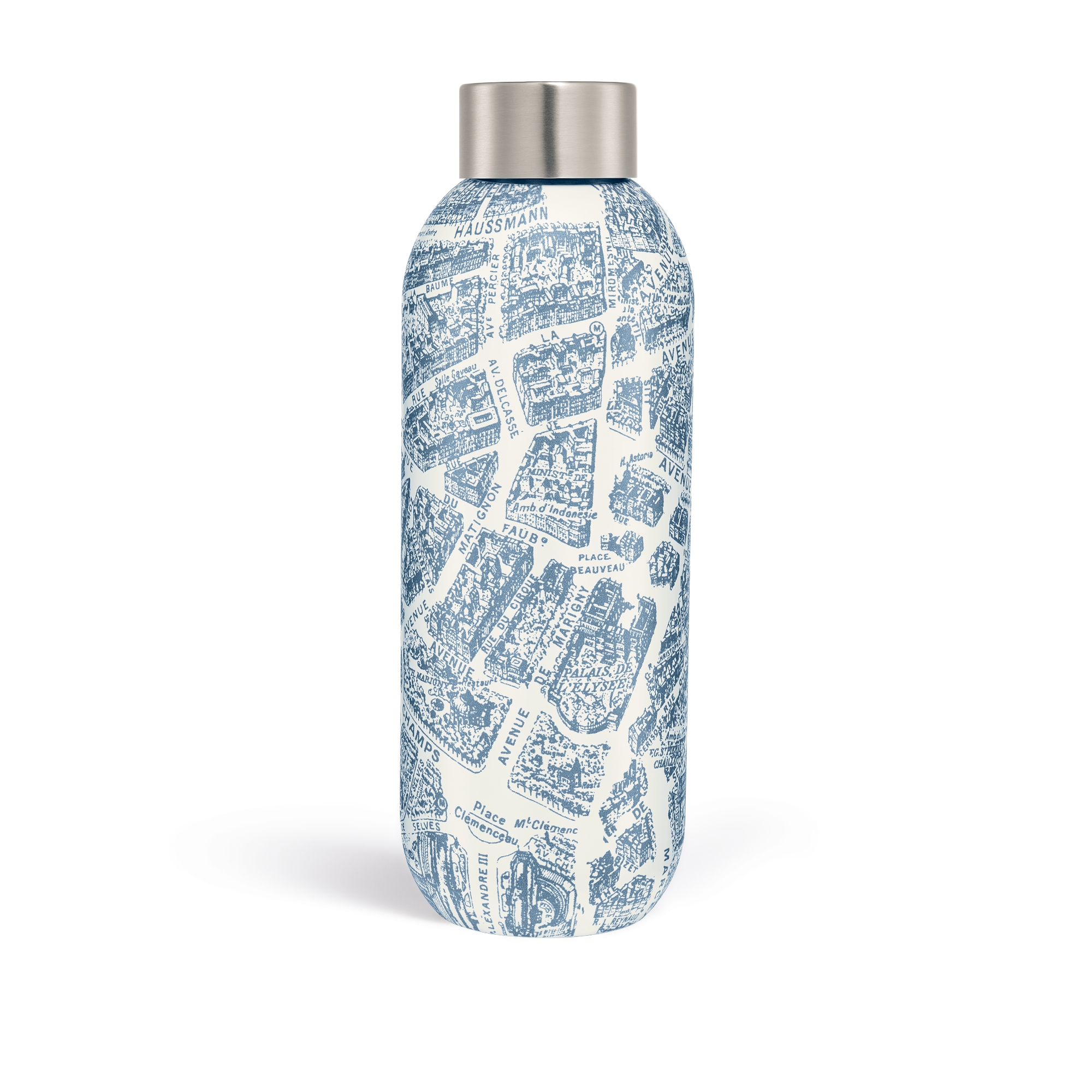水瓶 不锈钢，白色和蓝色 Plan de Paris 图案 E08
