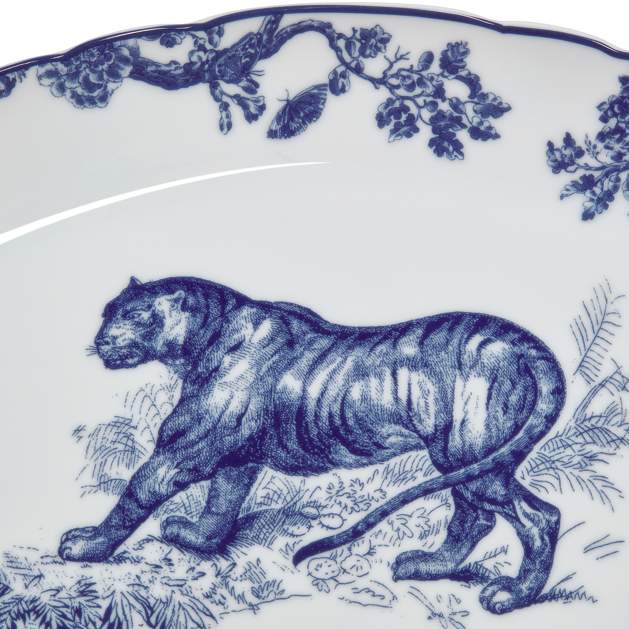 椭圆形浅盘 白色和蓝色茹伊印花 E09