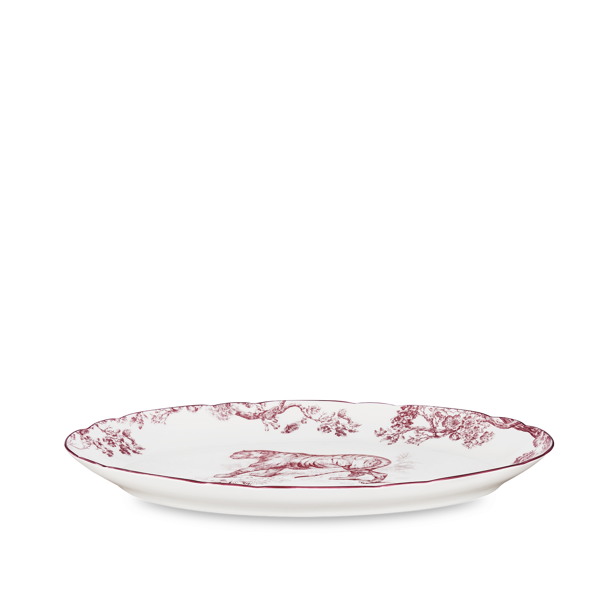 椭圆形浅盘 酒红色茹伊印花老虎图案 E03