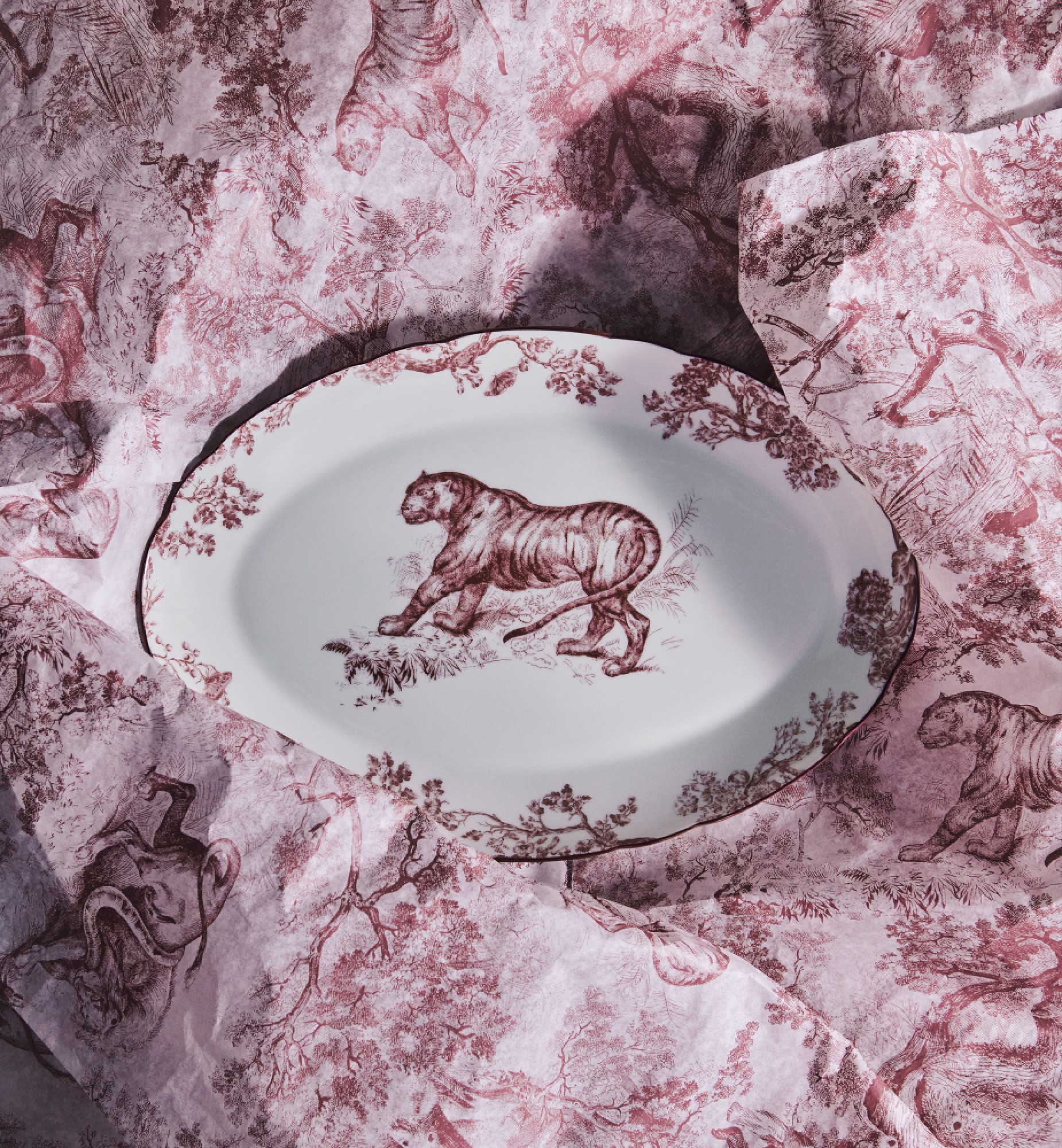 椭圆形浅盘酒红色茹伊印花老虎图案| DIOR