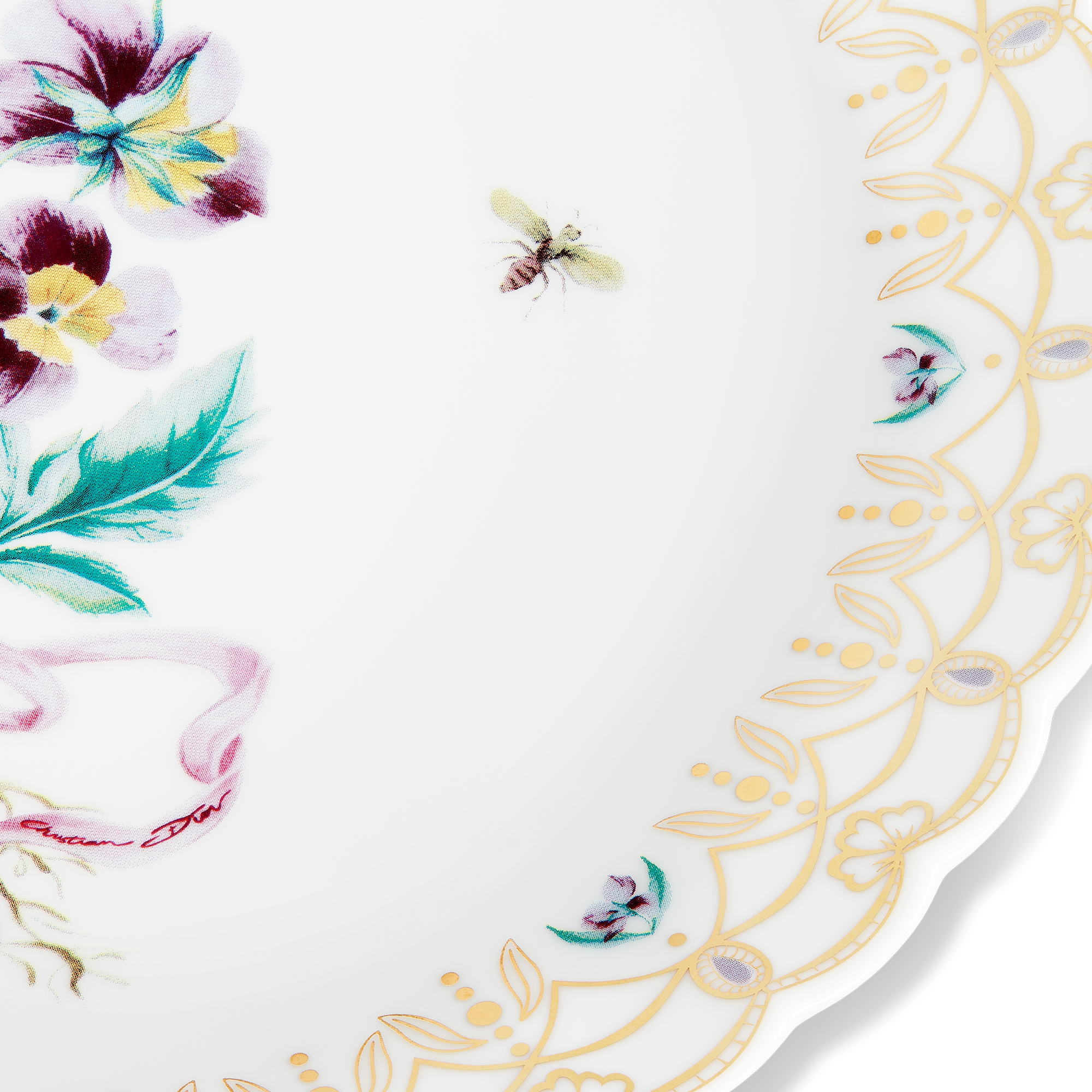 餐盘 瓷质多色三色堇图案和金色调细节 E09