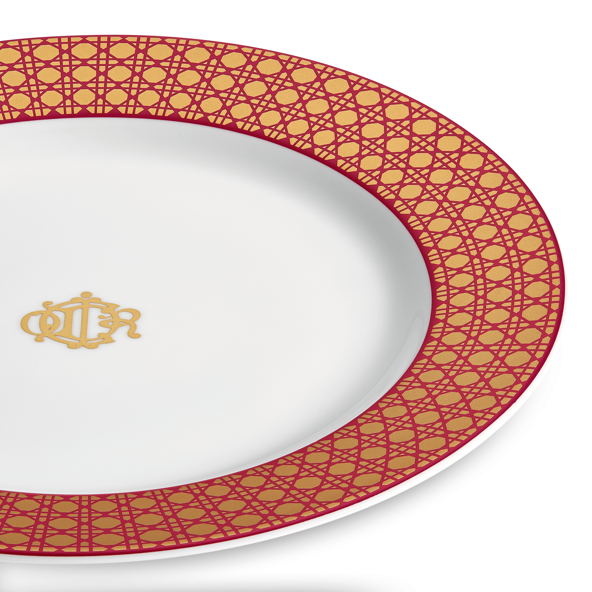 甜品碟 白色瓷红色和金色调藤格纹图案 E09