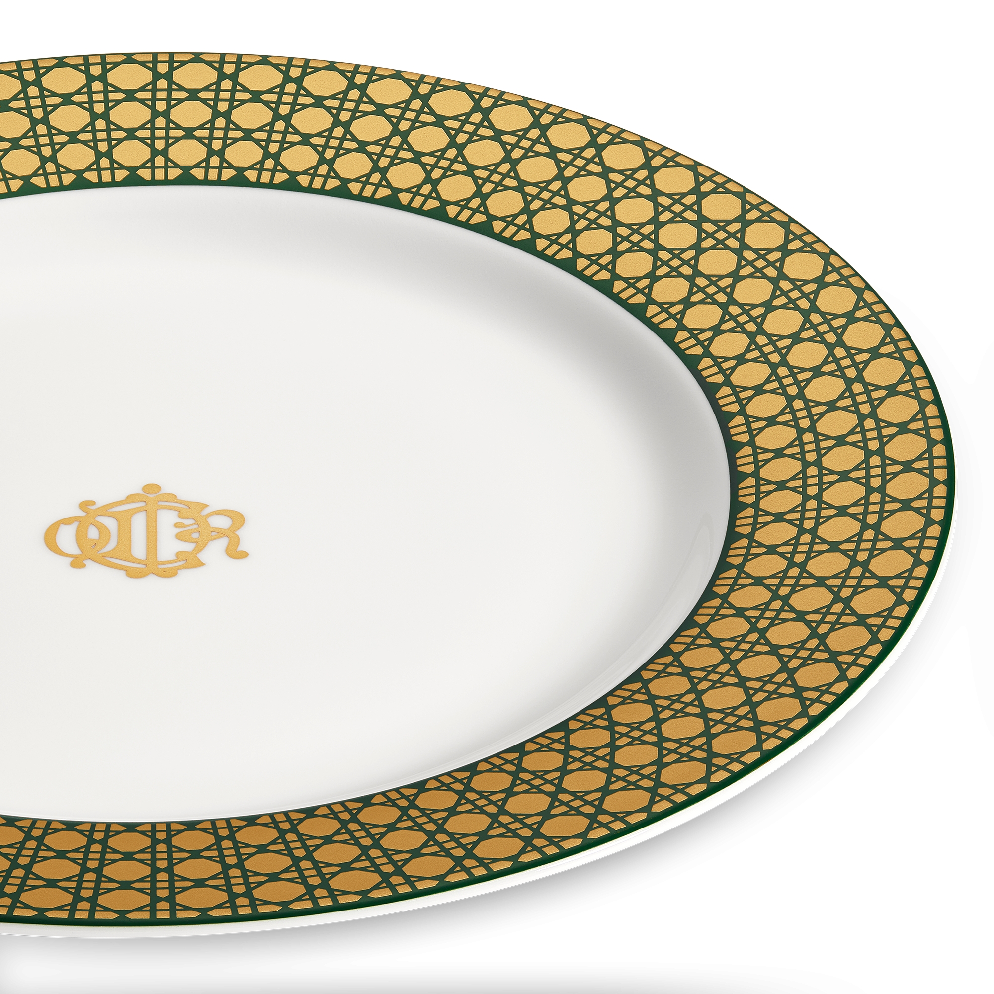 甜品碟 白色瓷绿色和金色调藤格纹图案 E09