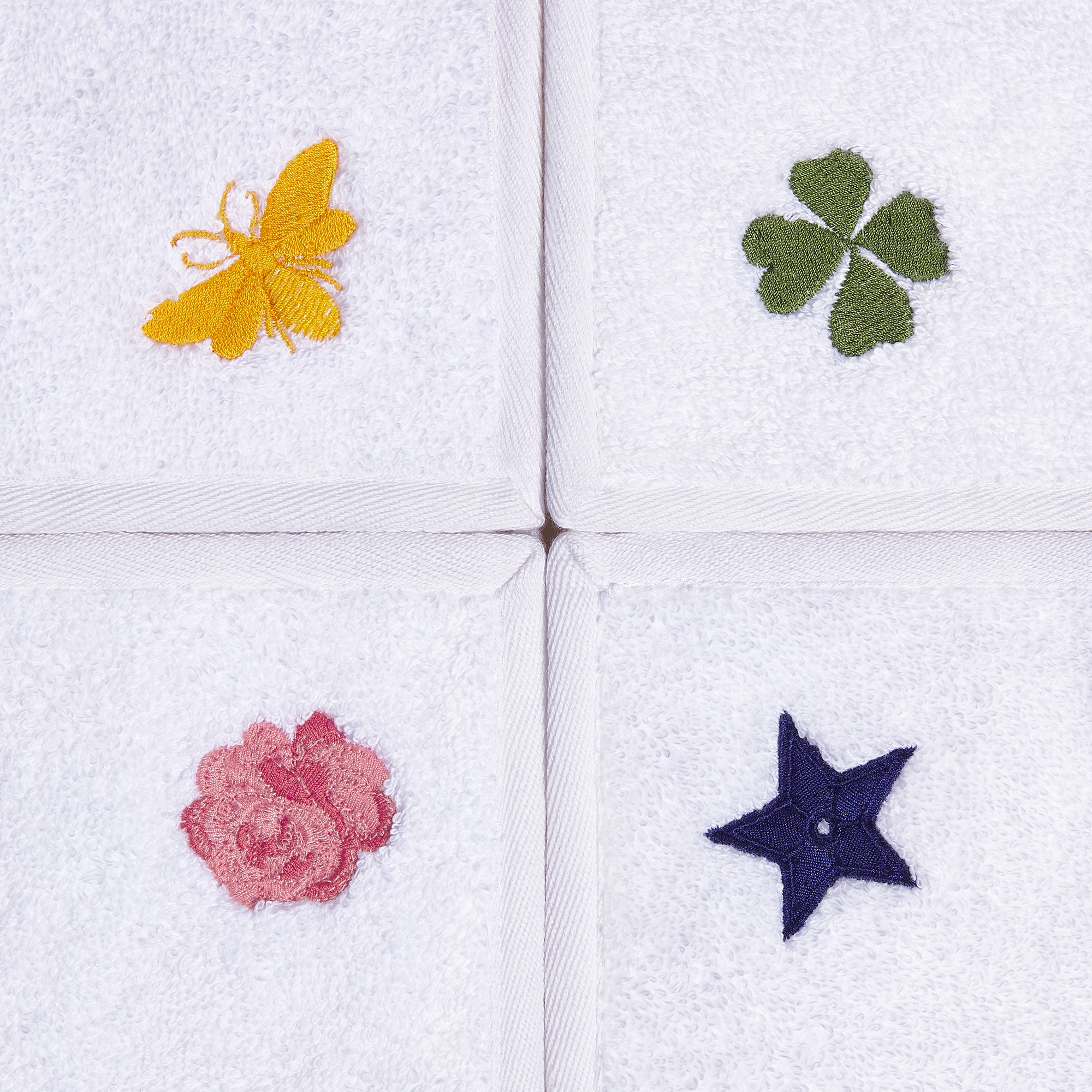 擦手巾四件套装 白色棉质面料星星、玫瑰、四叶草和小蜜蜂图案刺绣 E09