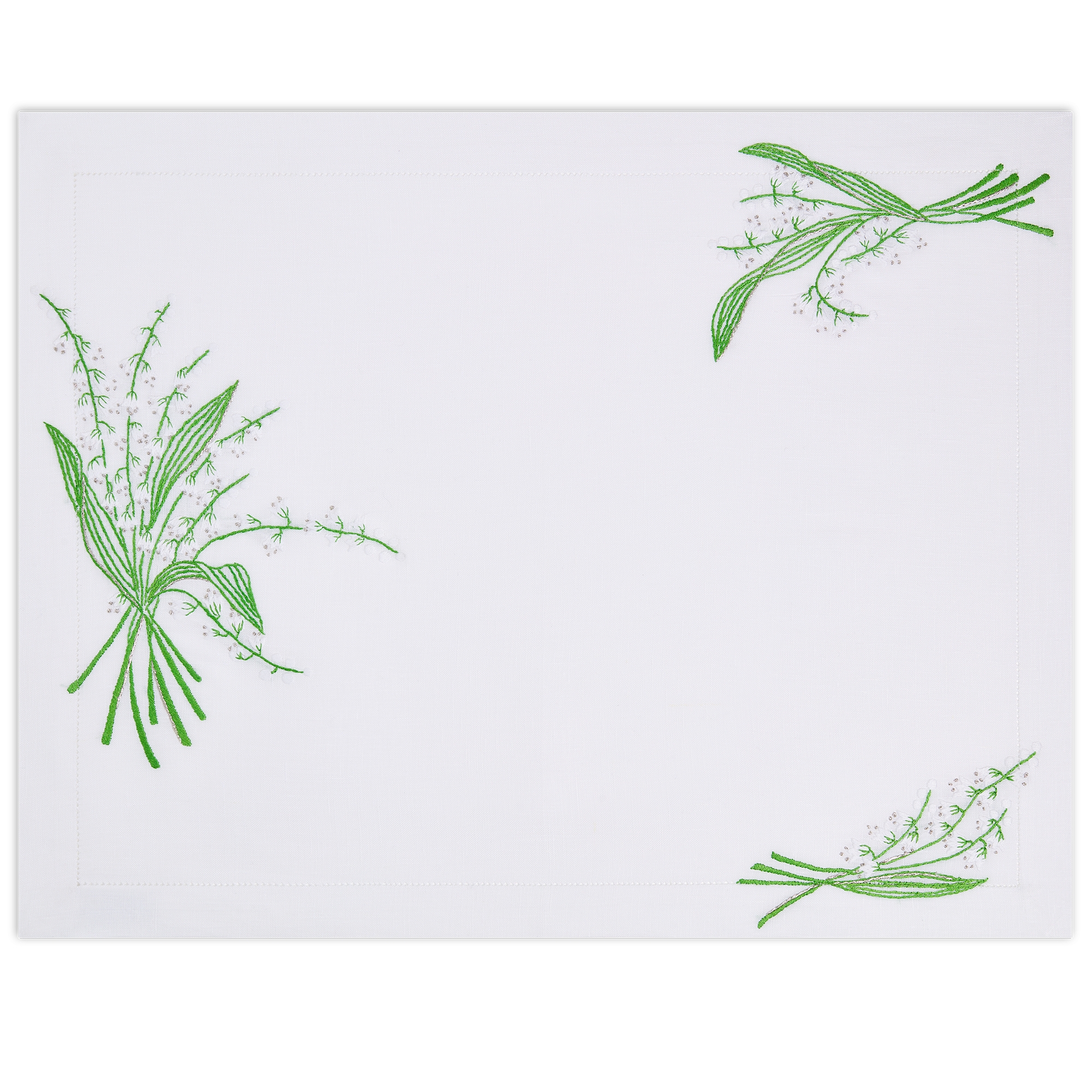 刺绣餐垫和餐巾套装 铃兰系列，白色和绿色 E09