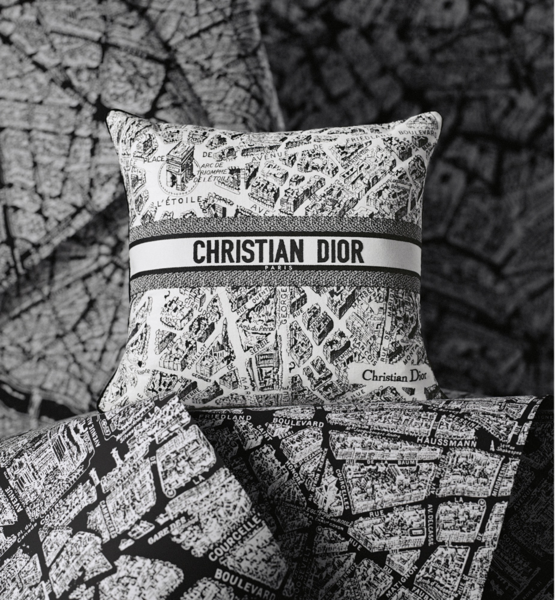 正方形靠垫 白色和黑色 Plan de Paris 图案 E13