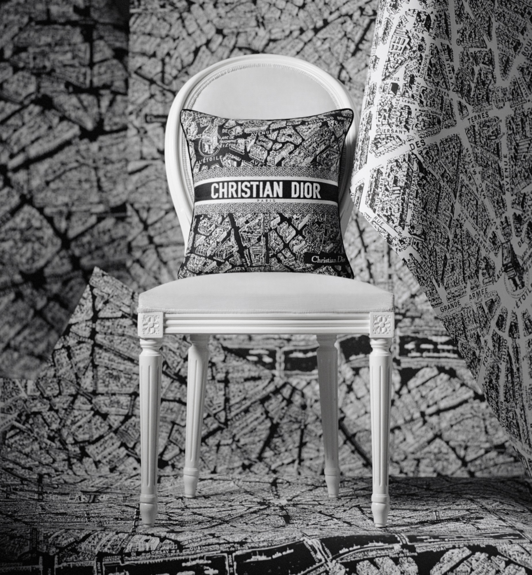 小号正方形靠垫 黑色和白色 Plan de Paris 图案 E12