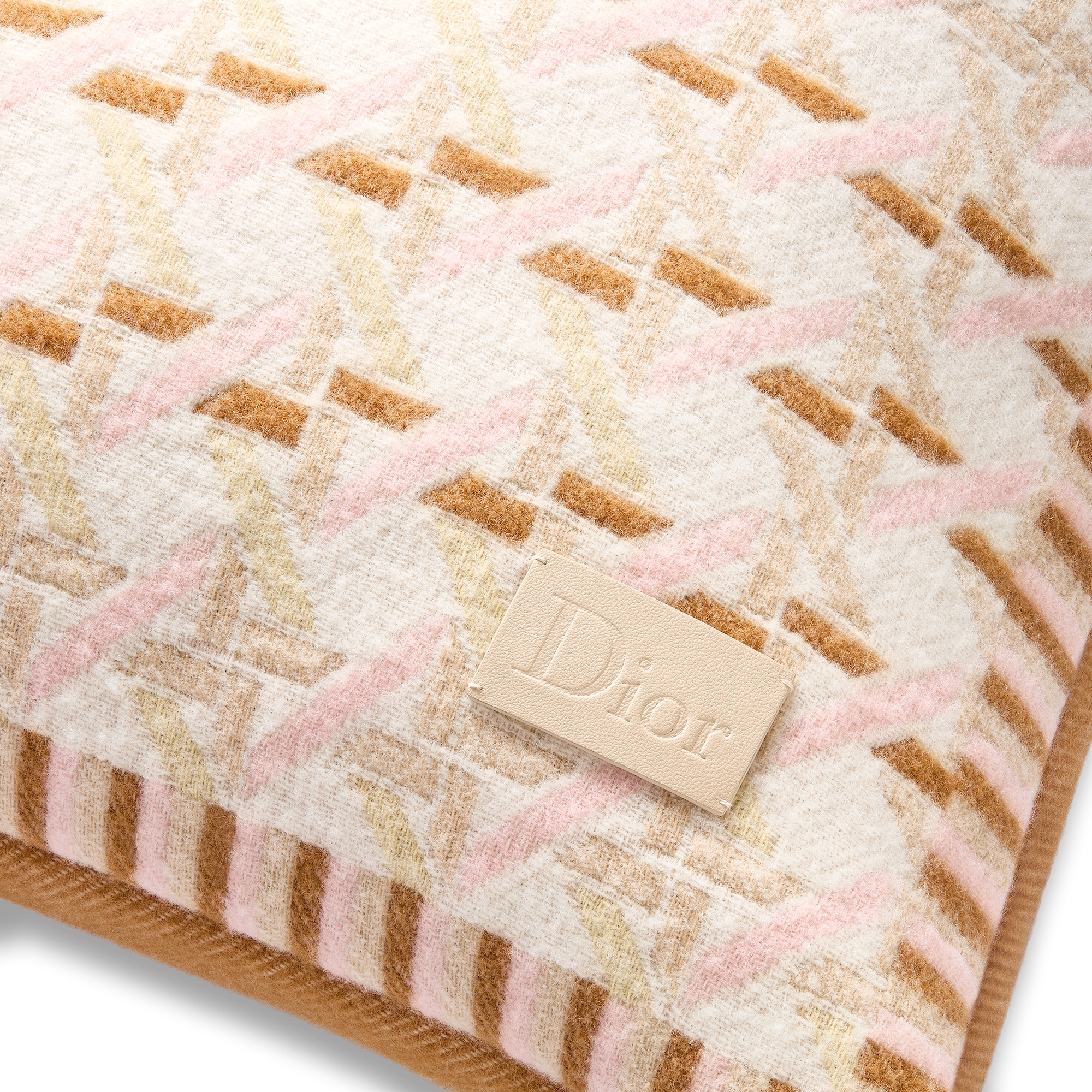 正方形靠垫 米色绵羊毛混纺提花面料藤格纹格子图案 E09