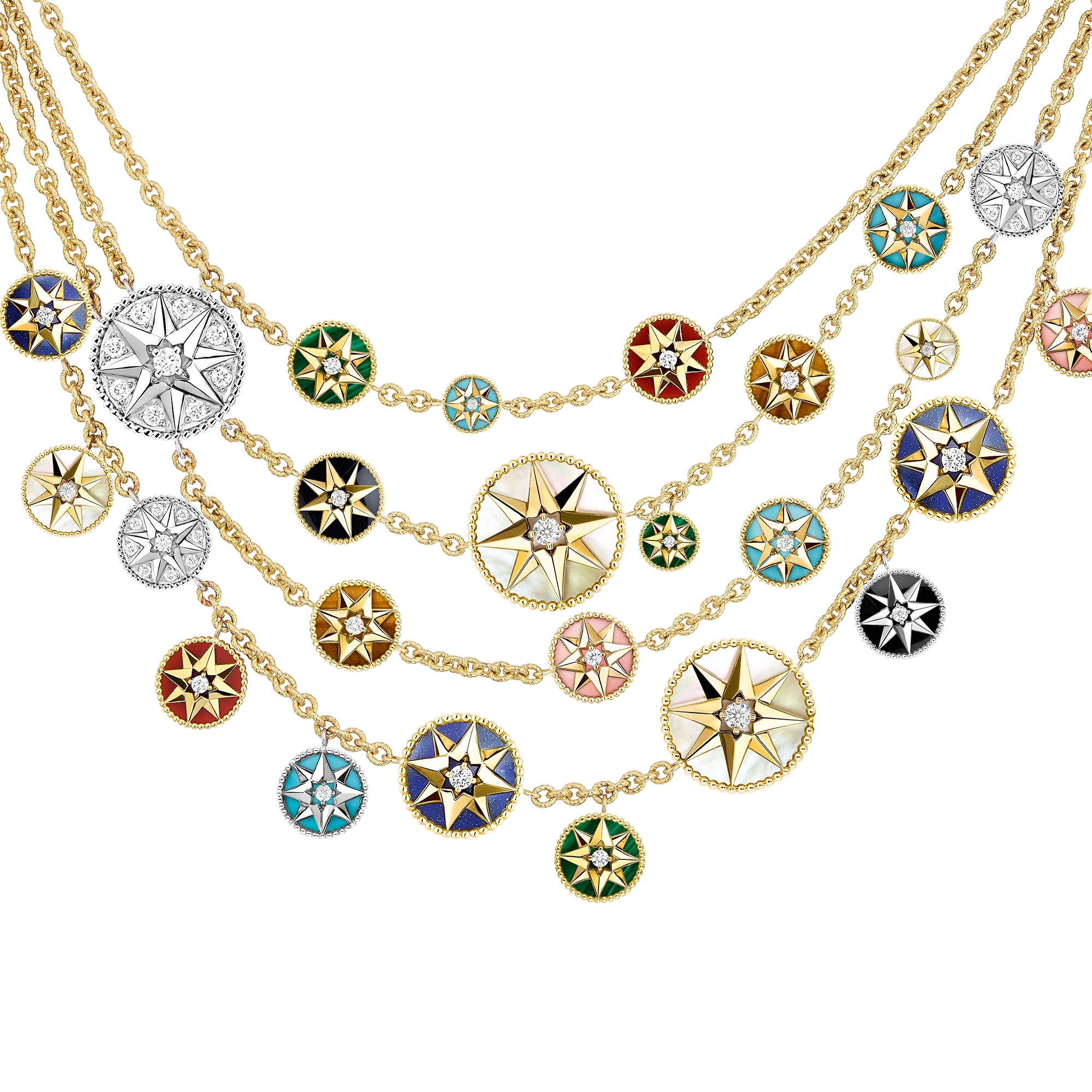 Rose des Vents 胸饰项链 黄色和白色 18K 金、钻石和宝石装饰 E06