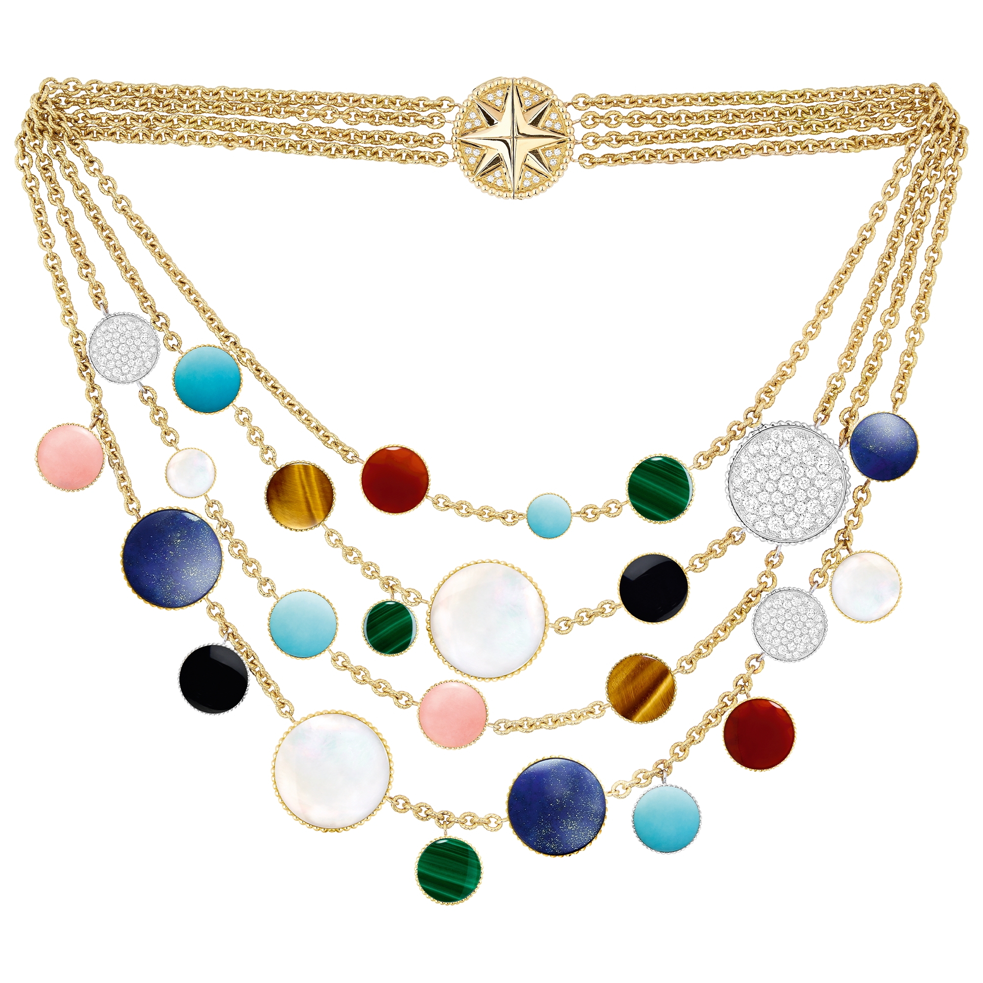 Rose des Vents 胸饰项链 黄色和白色 18K 金、钻石和宝石装饰 E07