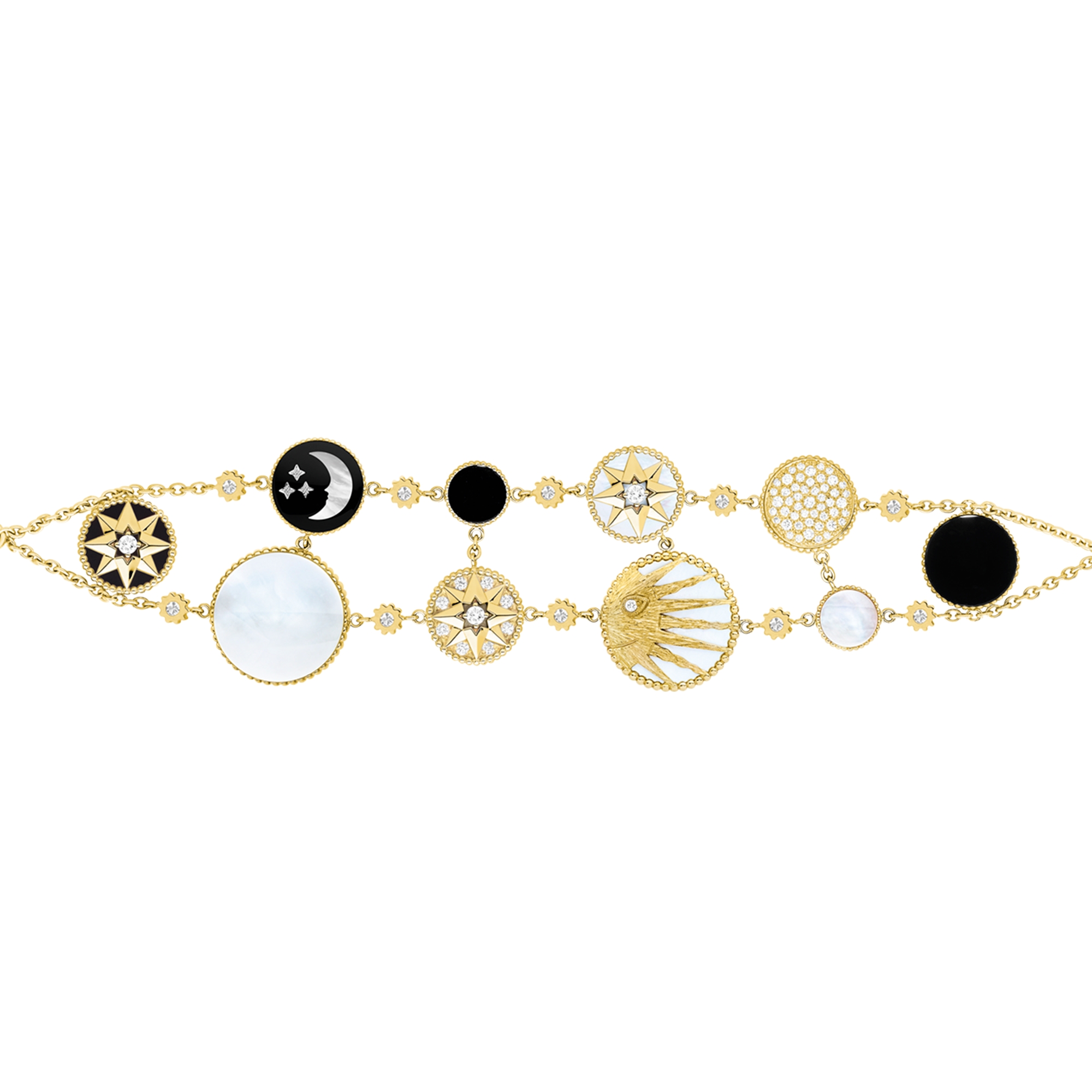 Rose des Vents 和 Rose Céleste 手链 黄色 18K 金、白色 18K 金、钻石、珍珠母贝和缟玛瑙装饰 E09