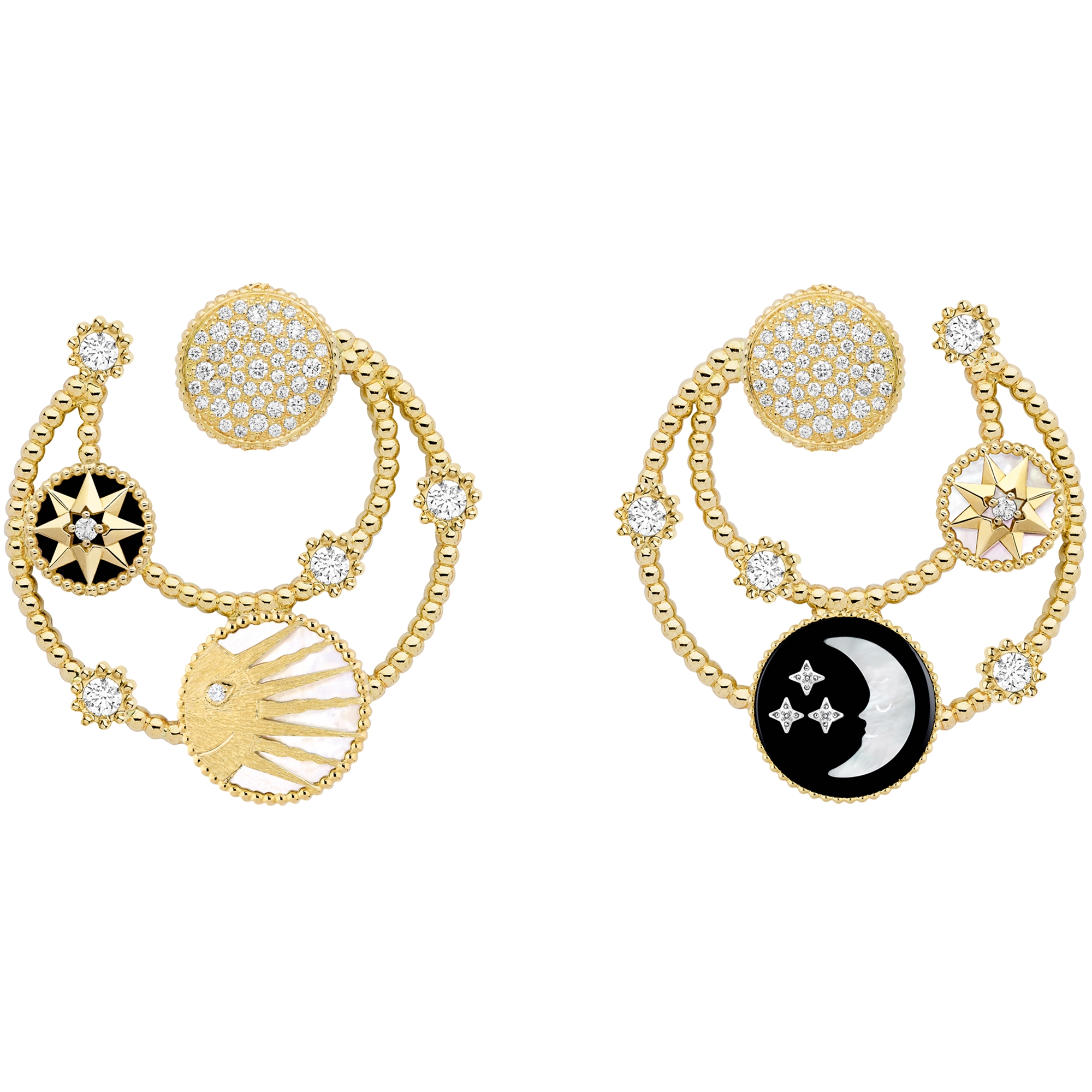 Rose des Vents 和 Rose Céleste 耳环 黄色和白色 18K 金、钻石、珍珠母贝和缟玛瑙装饰 E01