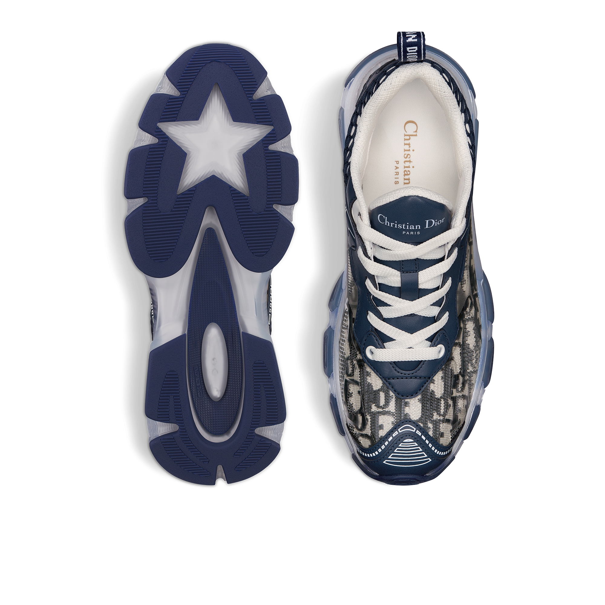 Dior Vibe 运动鞋 深蓝色科技面料 Oblique 印花和透明橡胶 E07