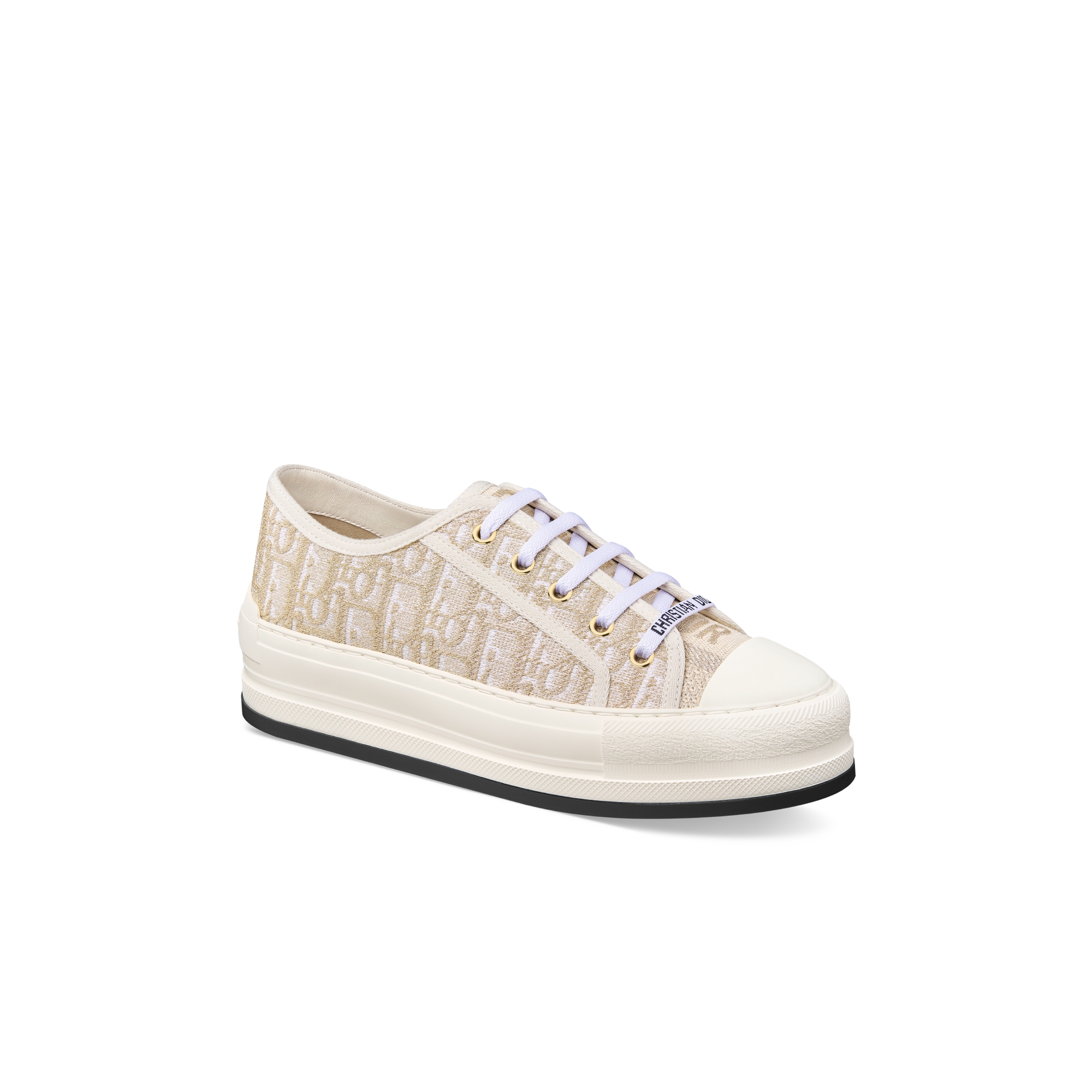 Walk'n'Dior 厚底运动鞋 白色棉质面料金色金属光泽线 Oblique 印花 E03