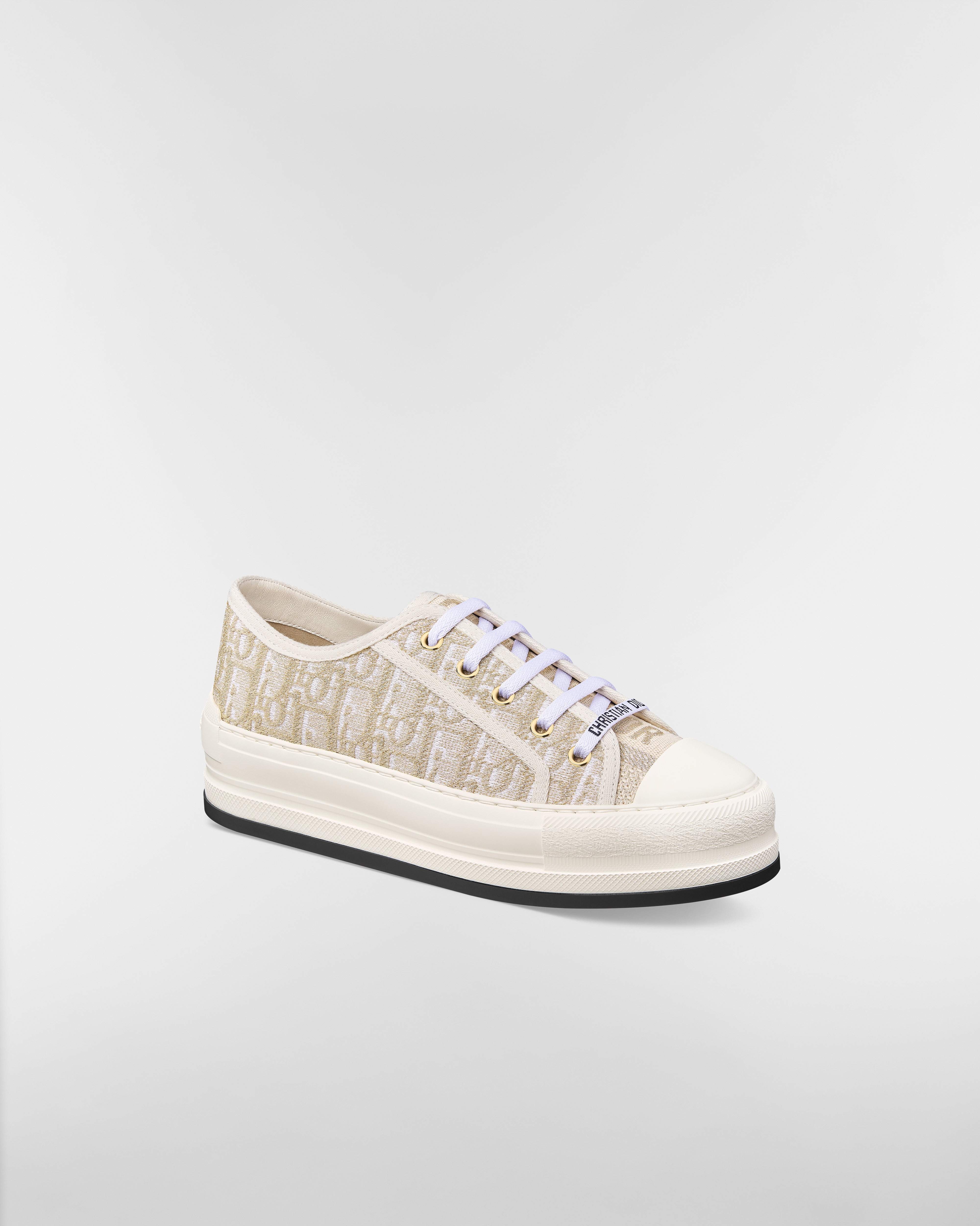 Walk'n'Dior 厚底运动鞋 白色棉质面料金色金属光泽线 Oblique 印花 E03