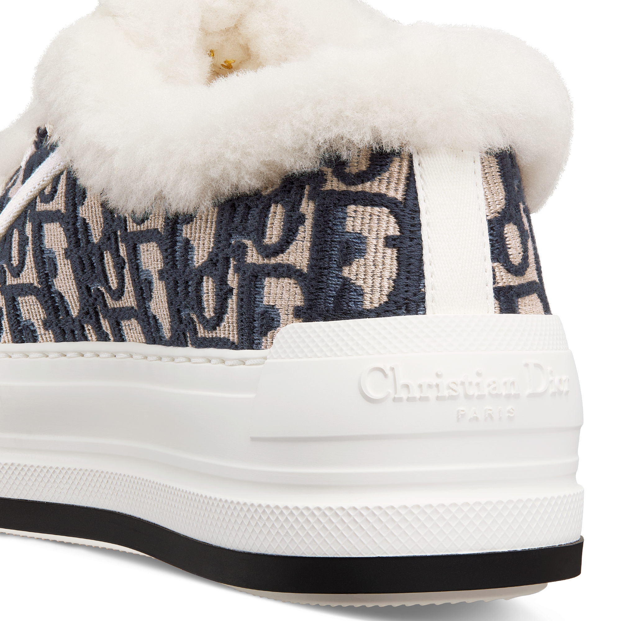 Walk'n'Dior 厚底运动鞋 棉质面料深蓝色 Oblique 印花和白色羊毛皮 E09