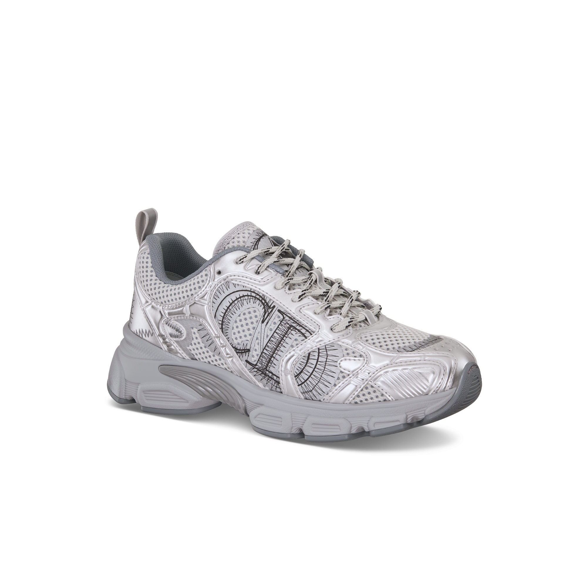 Dior Chrono 运动鞋 灰色网面搭配银色调层压皮革效果镶片 E03