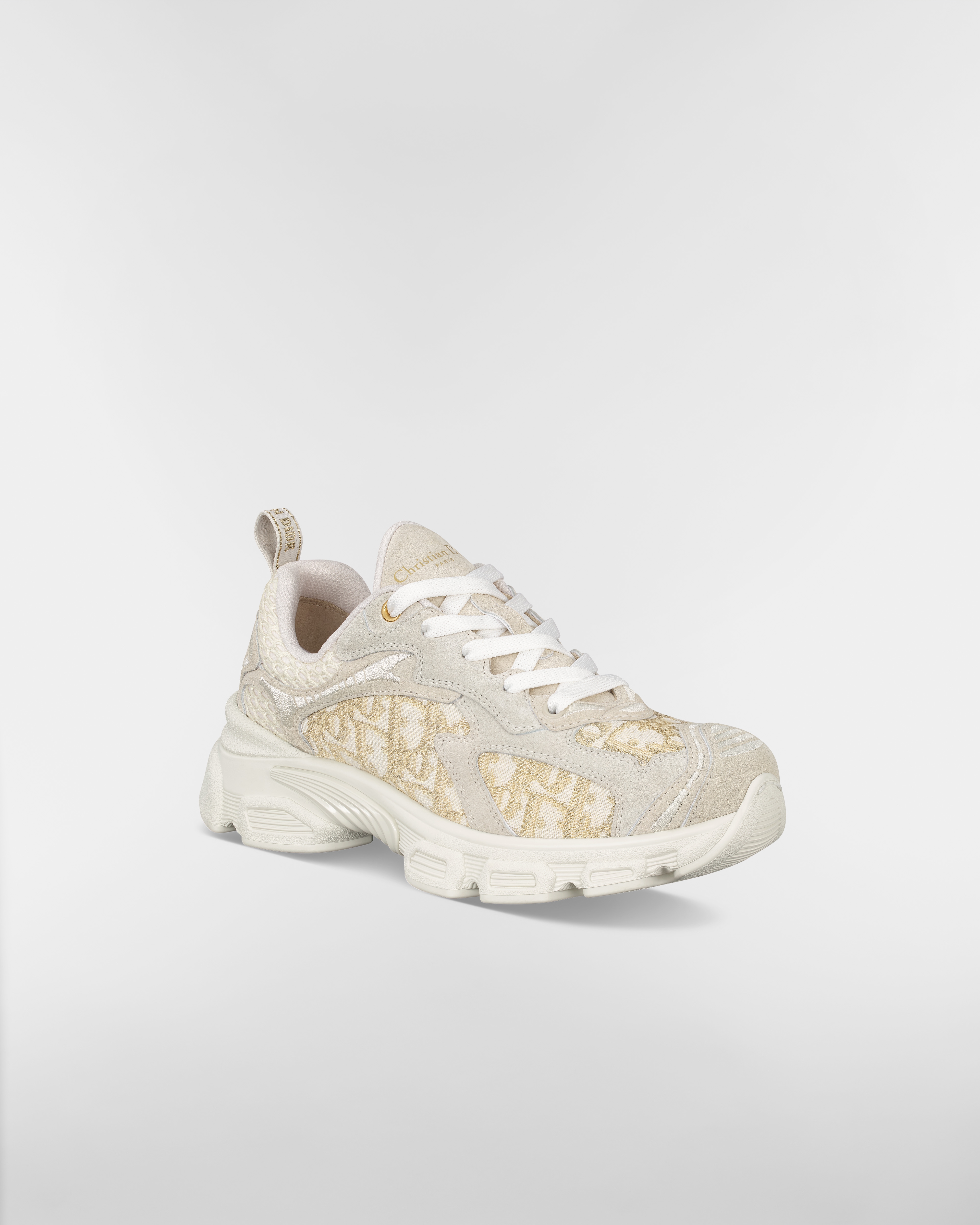 Dior Vibe 运动鞋 棉质面料金色金属光泽线 Oblique 印花，灰白色网面和灰色绒面牛皮革 E03