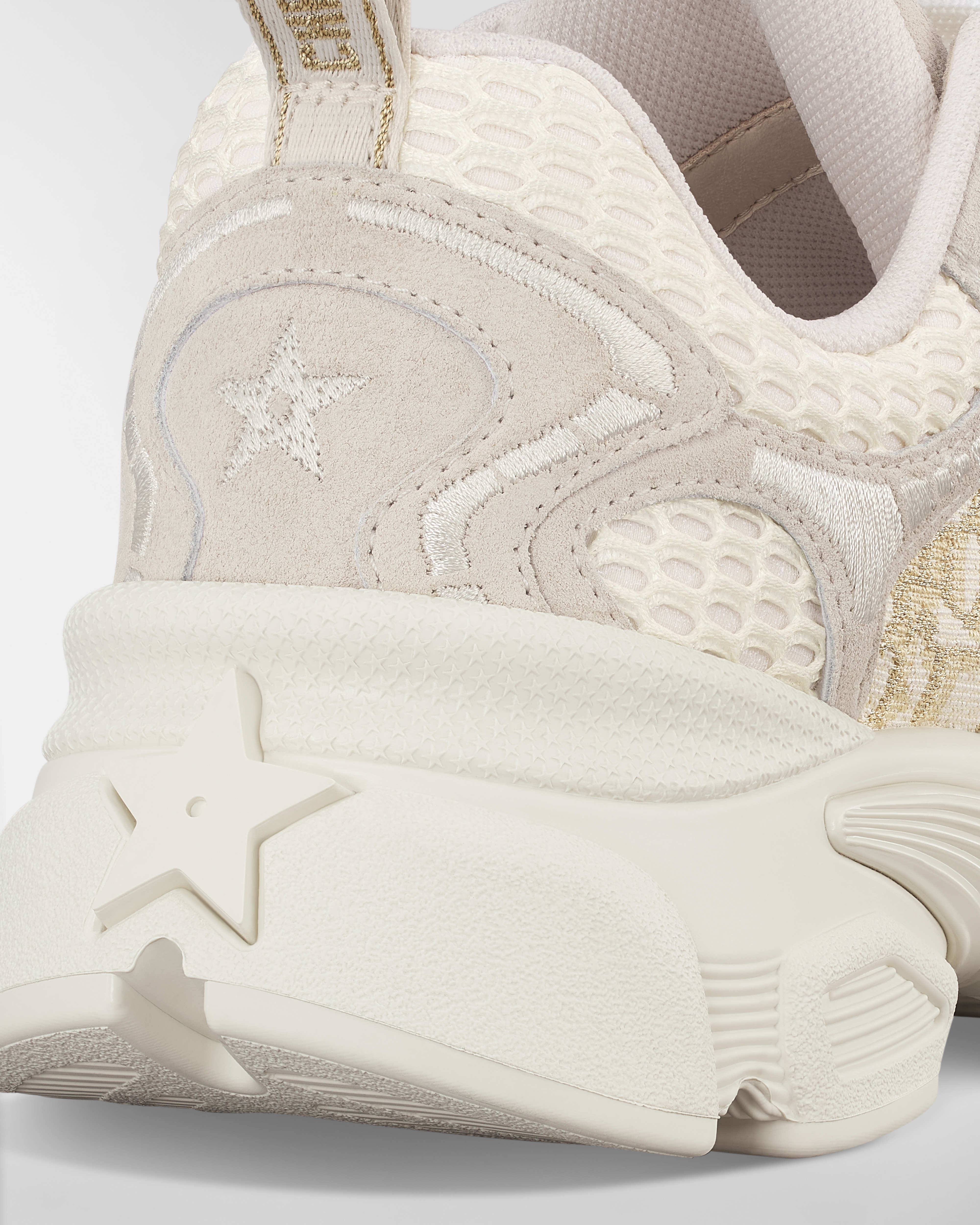 Dior Vibe 运动鞋 棉质面料金色金属光泽线 Oblique 印花，灰白色网面和灰色绒面牛皮革 E09