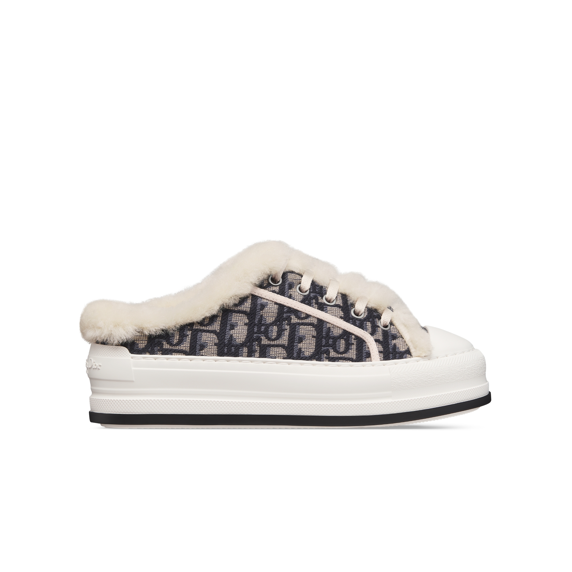 DiorAlps Walk'n'Dior 厚底运动鞋 深蓝色棉质刺绣面料 Oblique 印花和白色羊皮革皮毛一体 E02