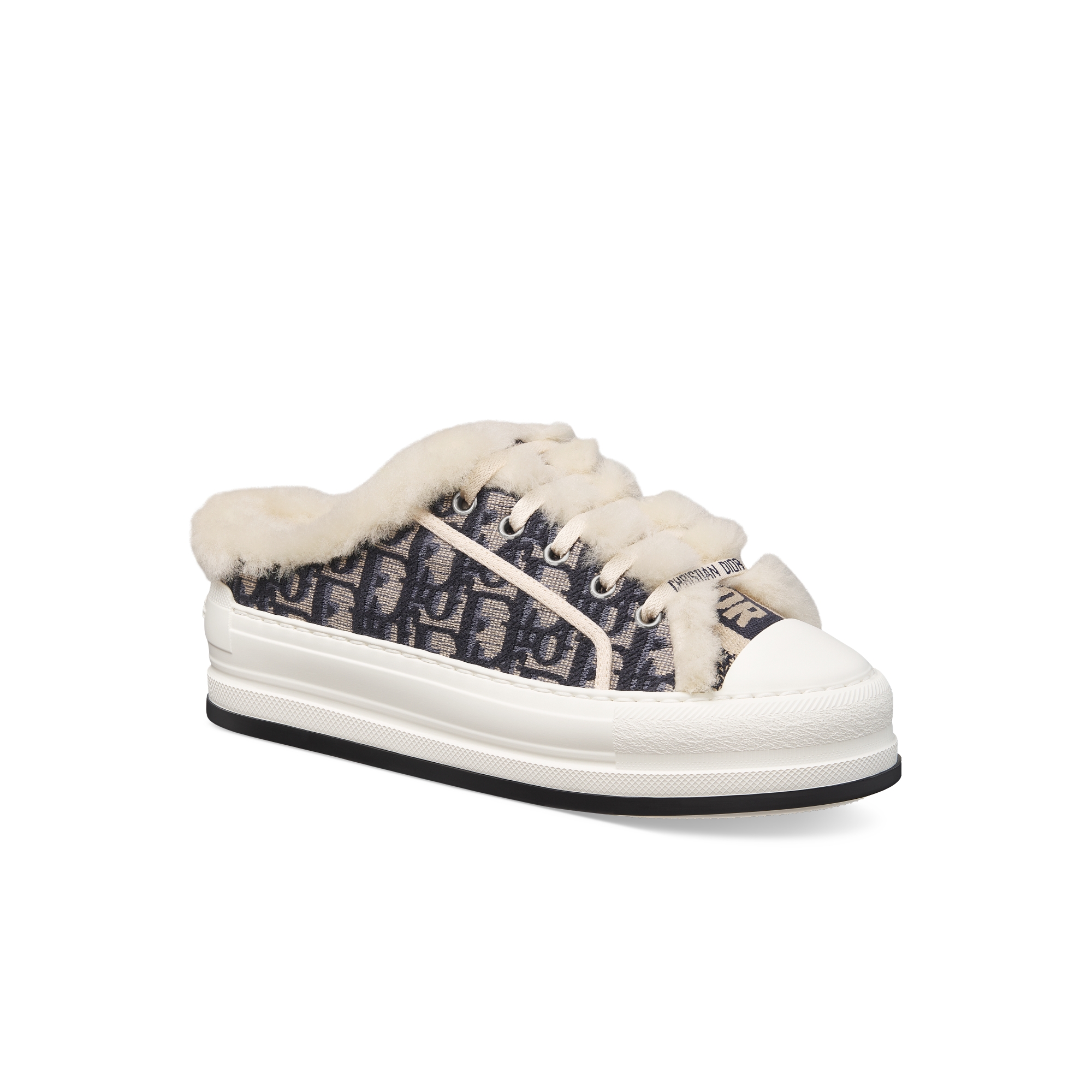 DiorAlps Walk'n'Dior 厚底运动鞋 深蓝色棉质刺绣面料 Oblique 印花和白色羊皮革皮毛一体 E03