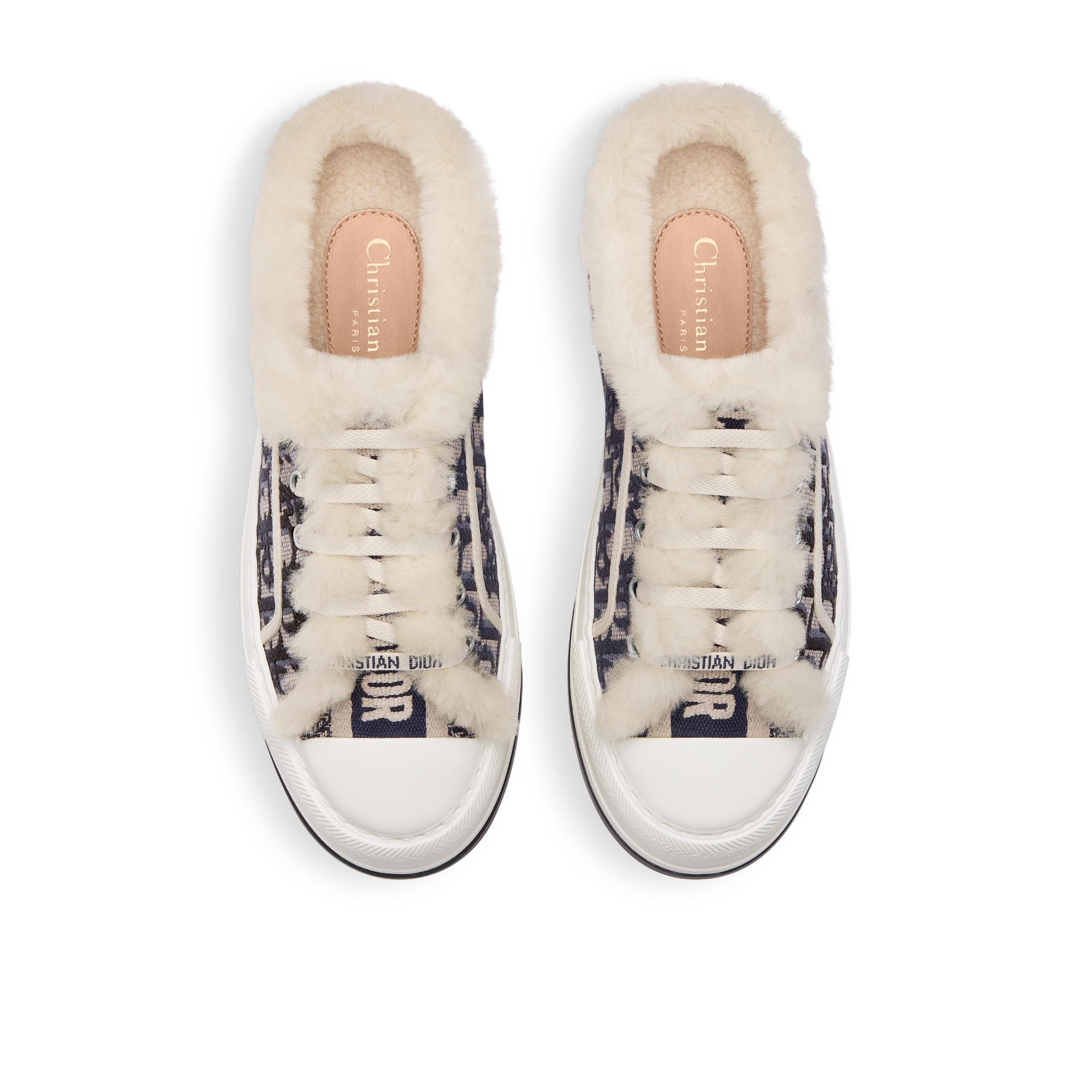 DiorAlps Walk'n'Dior 厚底运动鞋 深蓝色棉质刺绣面料 Oblique 印花和白色羊皮革皮毛一体 E06