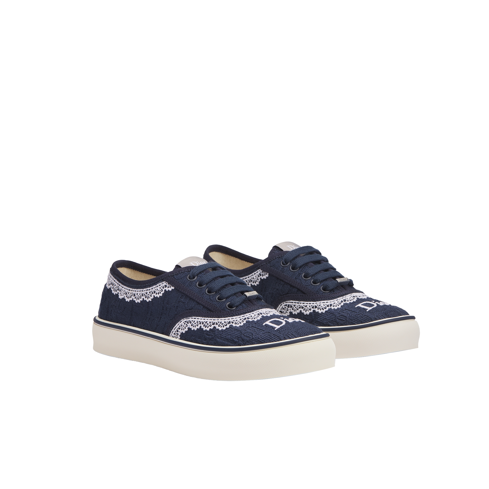 Dior Saltwind 运动鞋 蓝色棉质面料 Oblique 印花和米白色蕾丝 E03